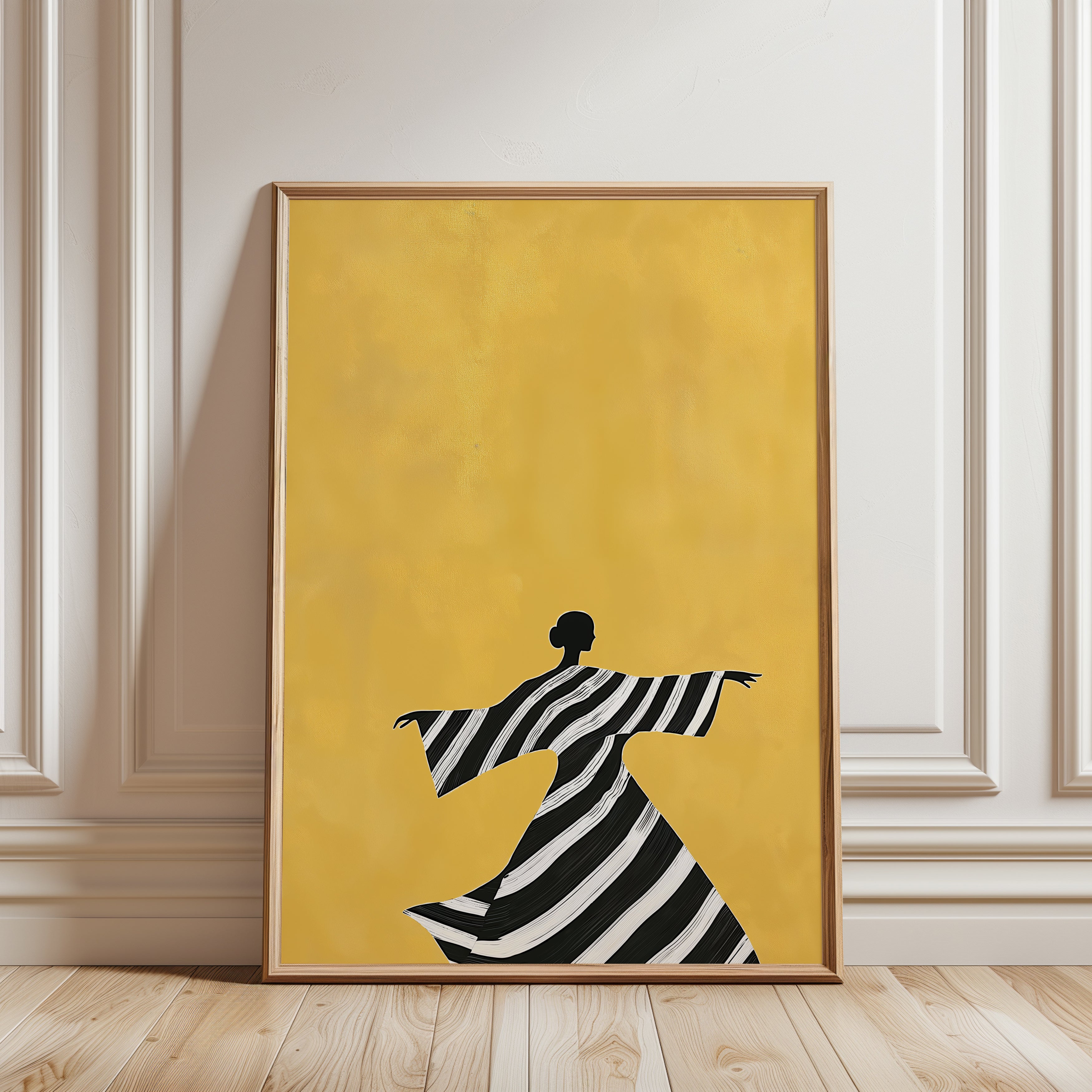 Dancing Figure in Striped Dress: Minimalist Yellow Wall Art - framed detail