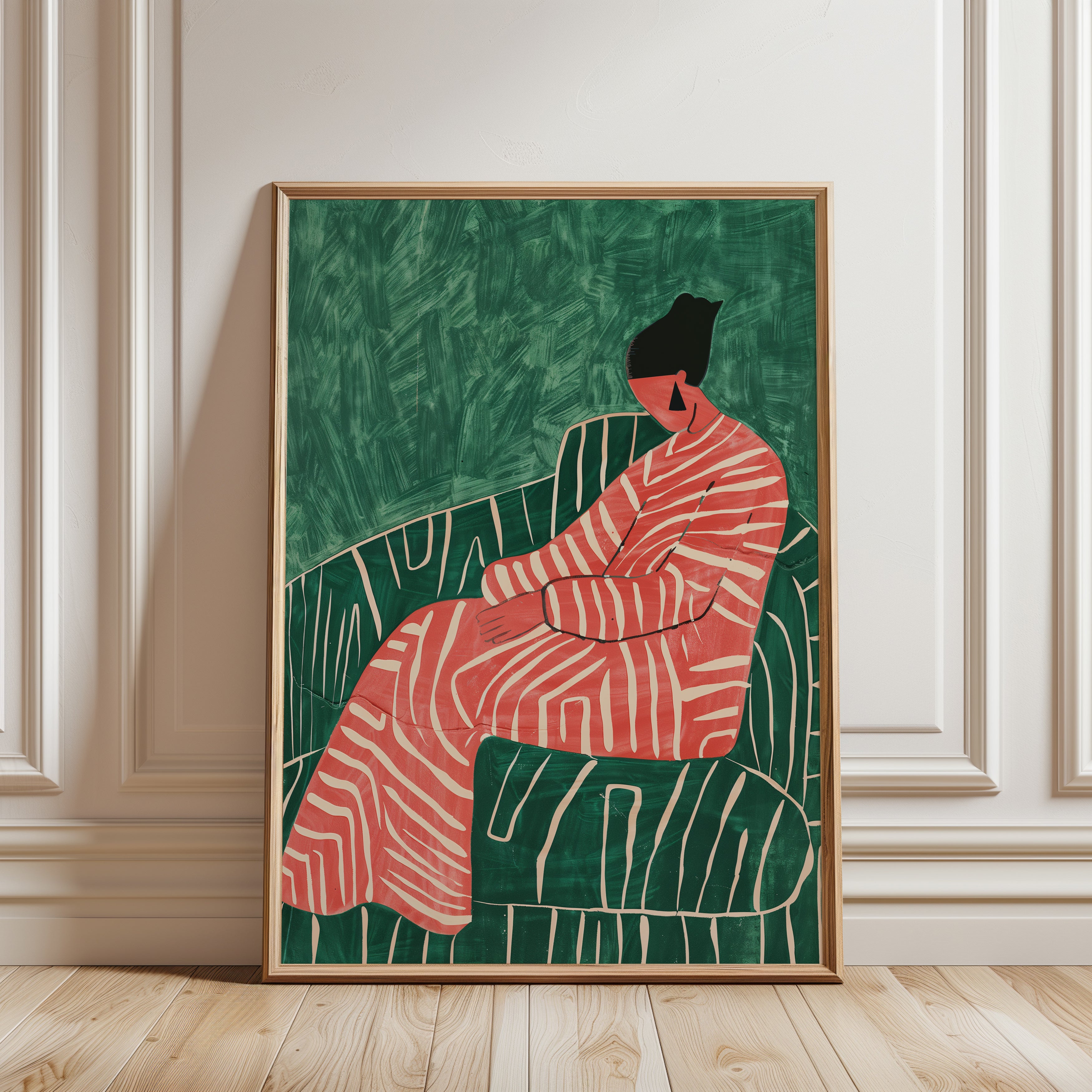 Seated Figure in Striped Robe Art Print: Modern Coral and Green - framed detail