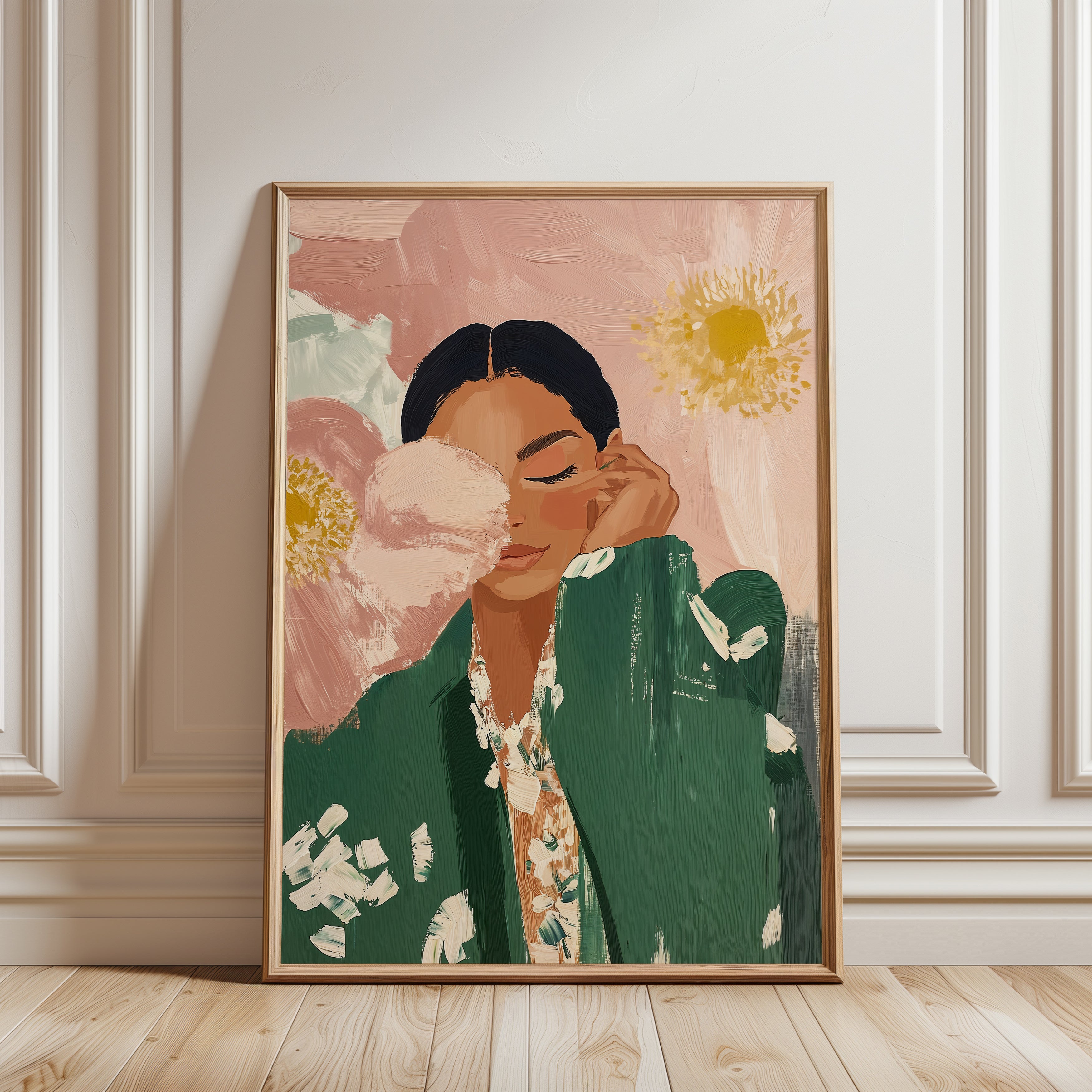 Kimono Woman Wall Art – Floral Portrait - framed detail