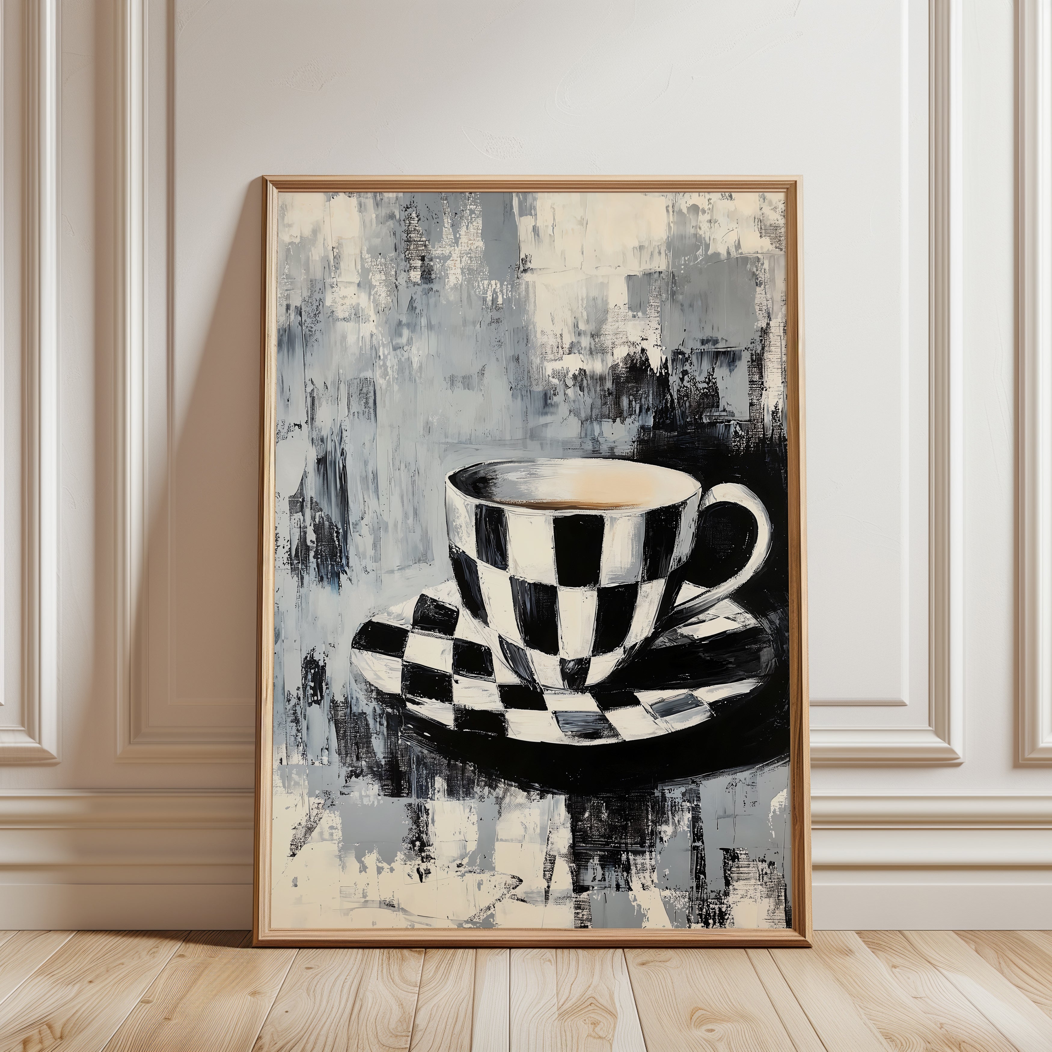 Abstract Checkered Teacup Print: Black White Kitchen Poster (Unframed) - framed detail