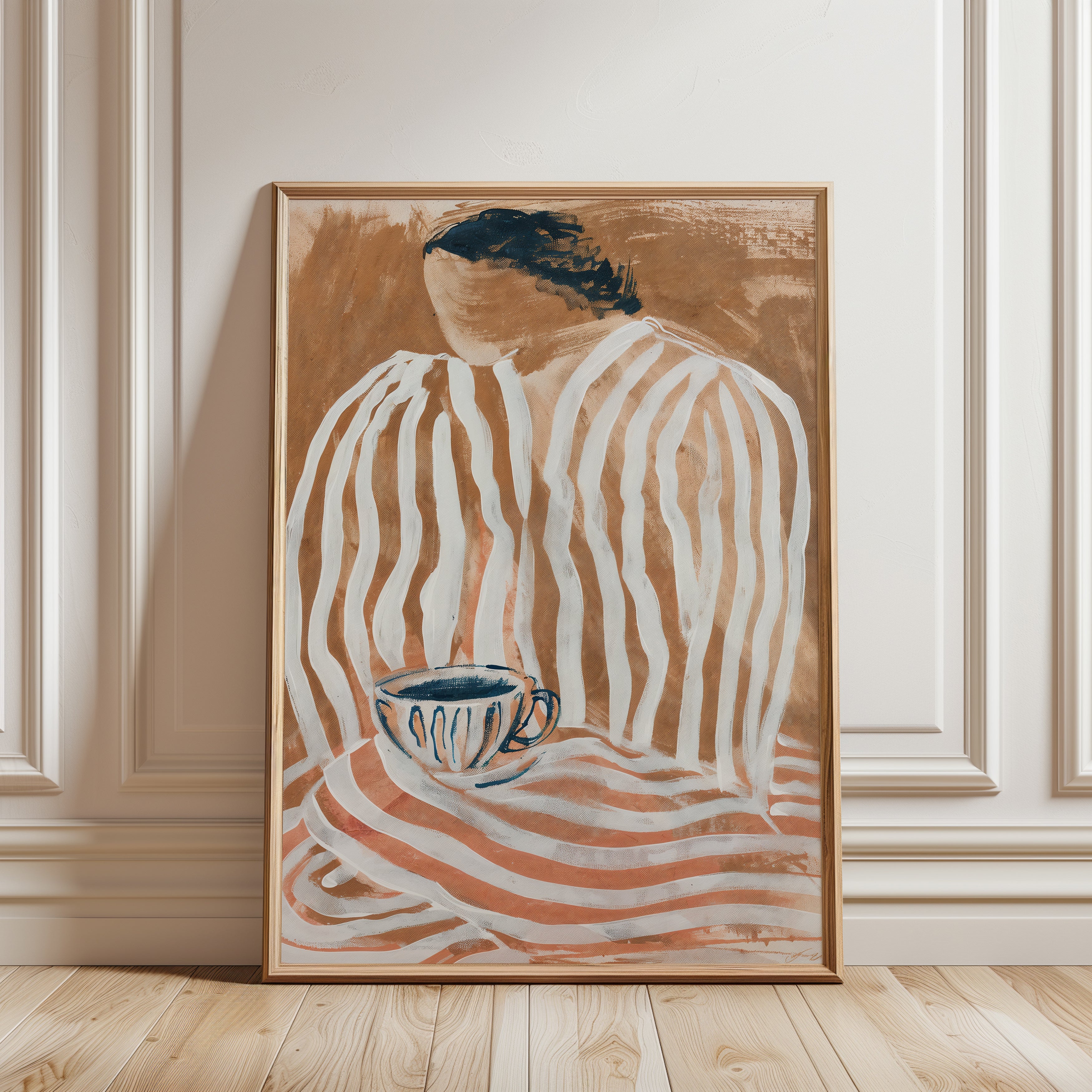 Terracotta Woman Art Print – Striped Outfit - framed detail