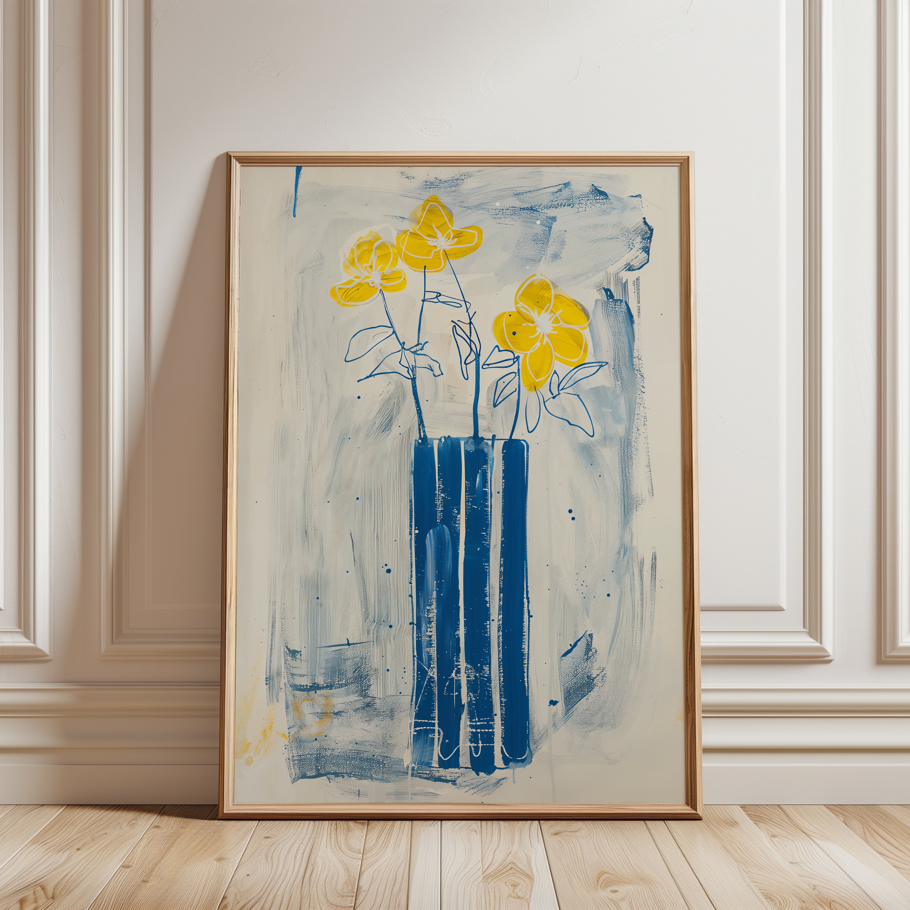 Floral Wall Art Print: Yellow Flowers and Blue Vase (Abstract Style) - framed detail