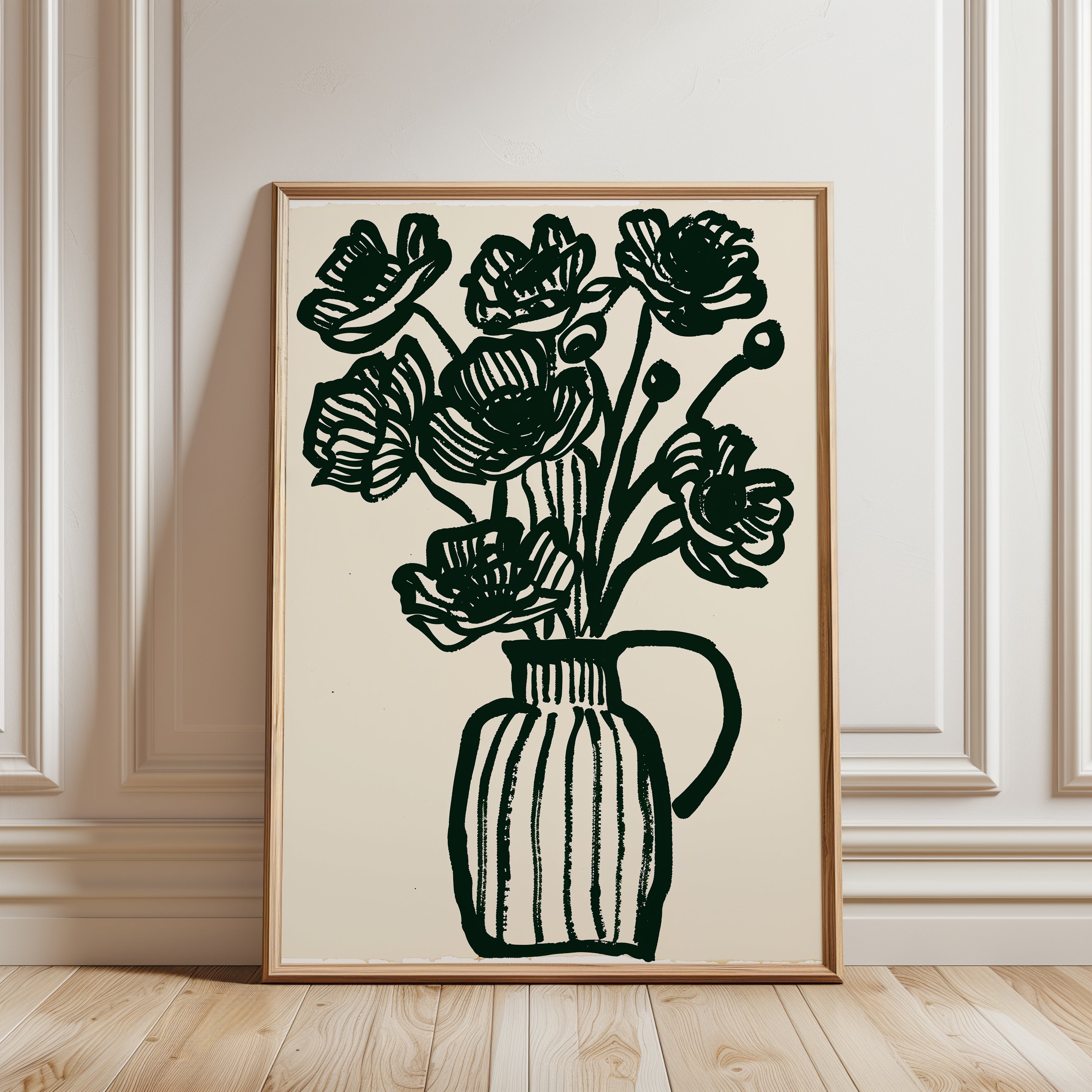 Botanical Wall Art Print: Black Flowers in Striped Vase - framed detail