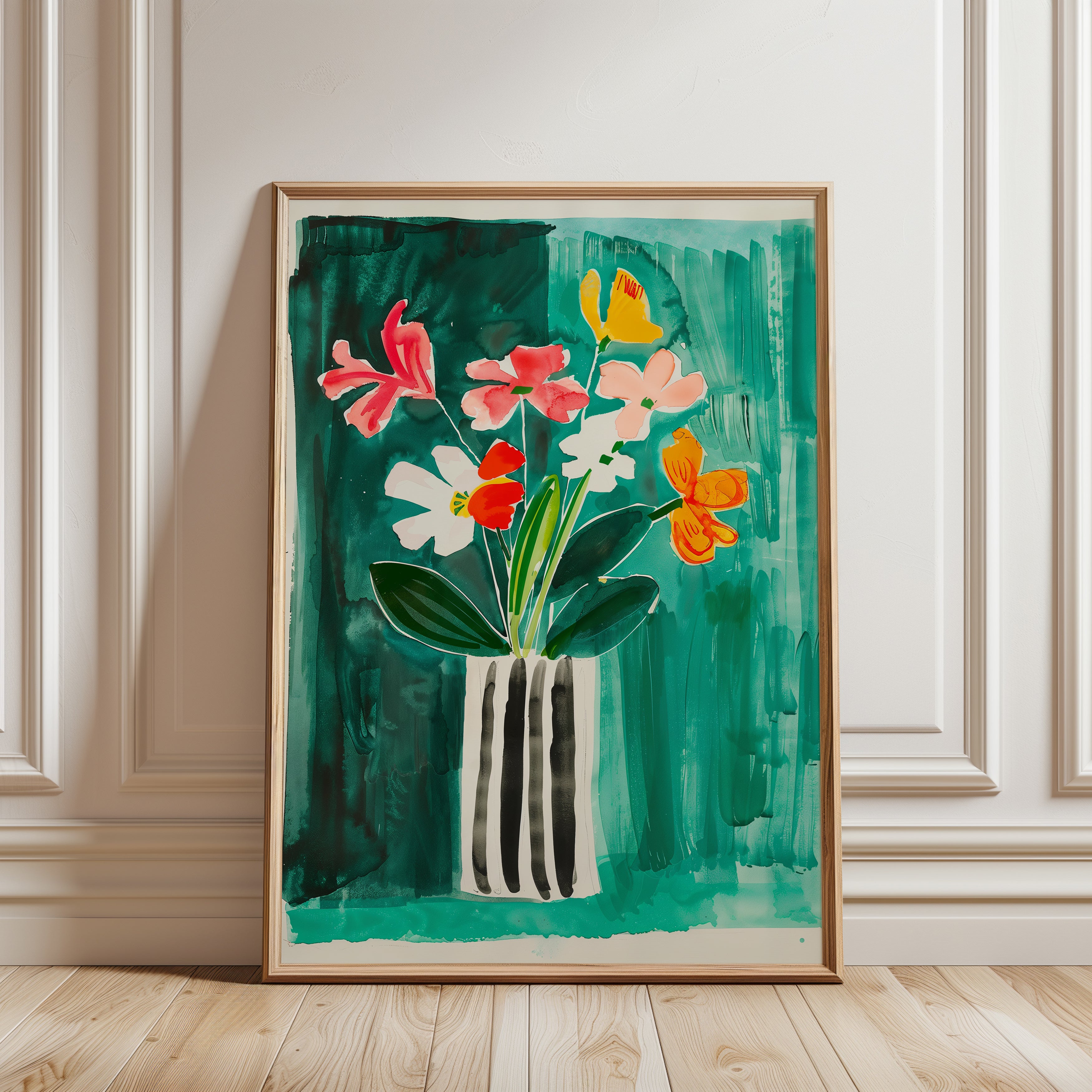 Floral Wall Art Print: Vibrant Flowers on Teal Background - framed detail