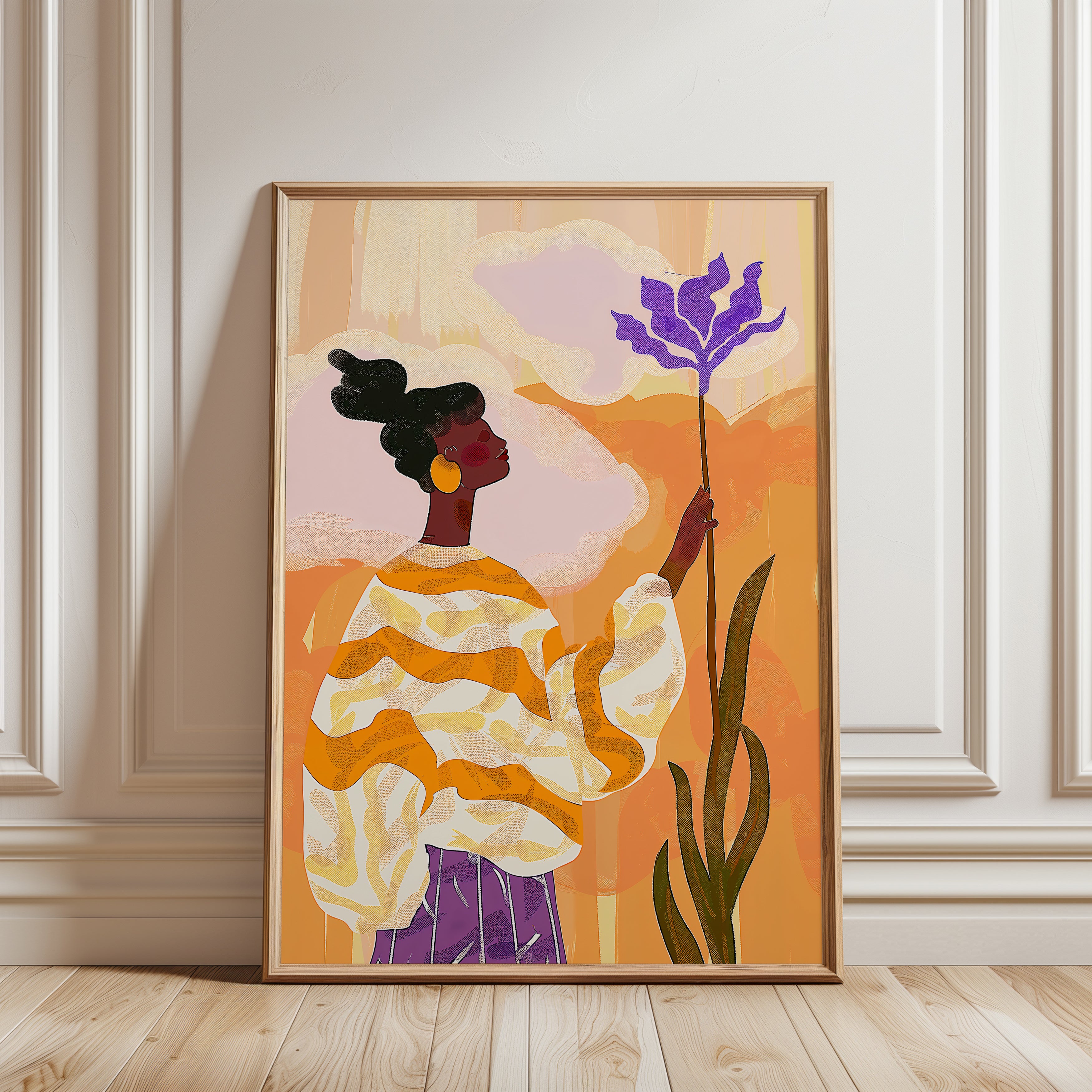 African Woman Art Print: Colorful Portrait with Purple Flower - framed detail