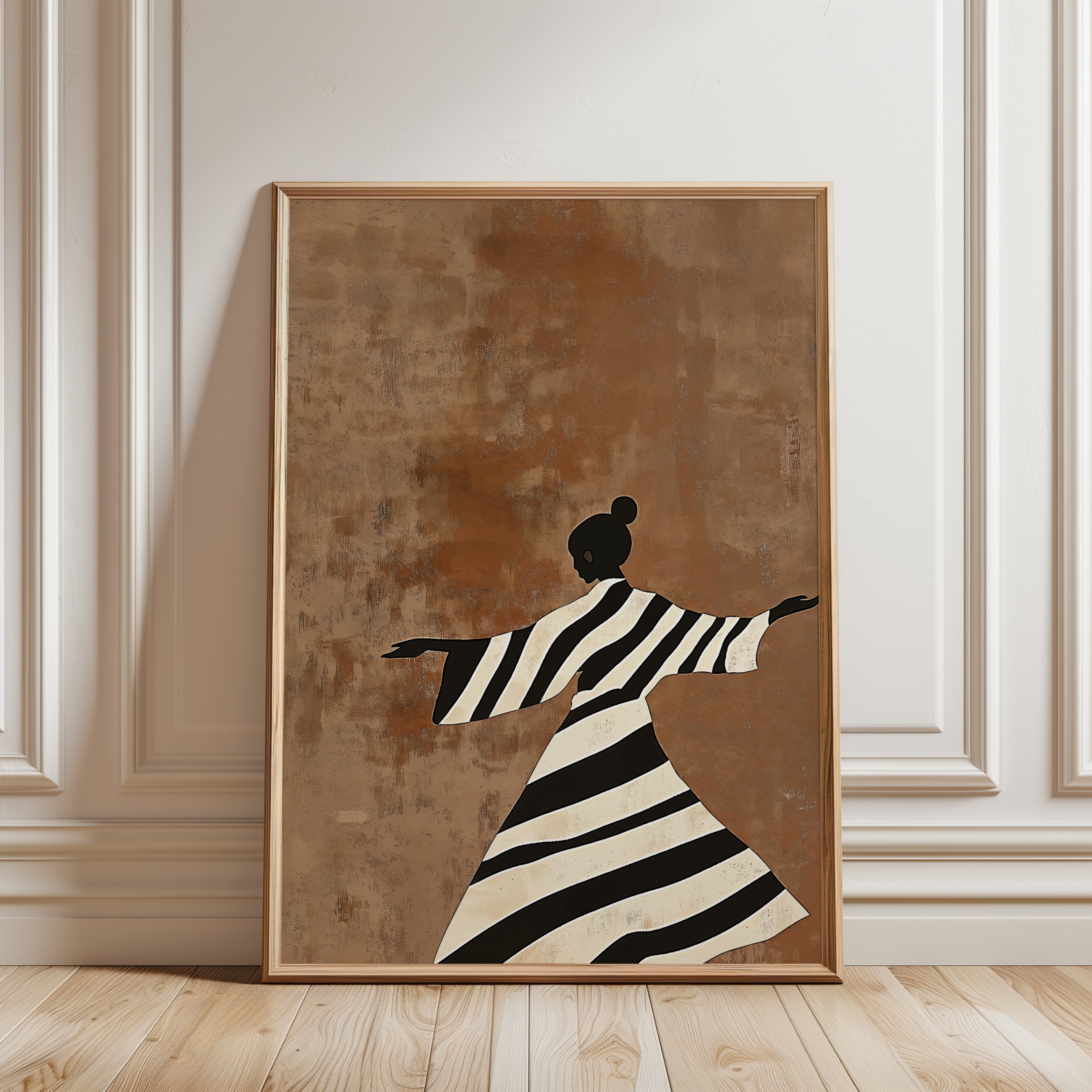 African Woman Dancing Print – Black Striped Dress - framed detail