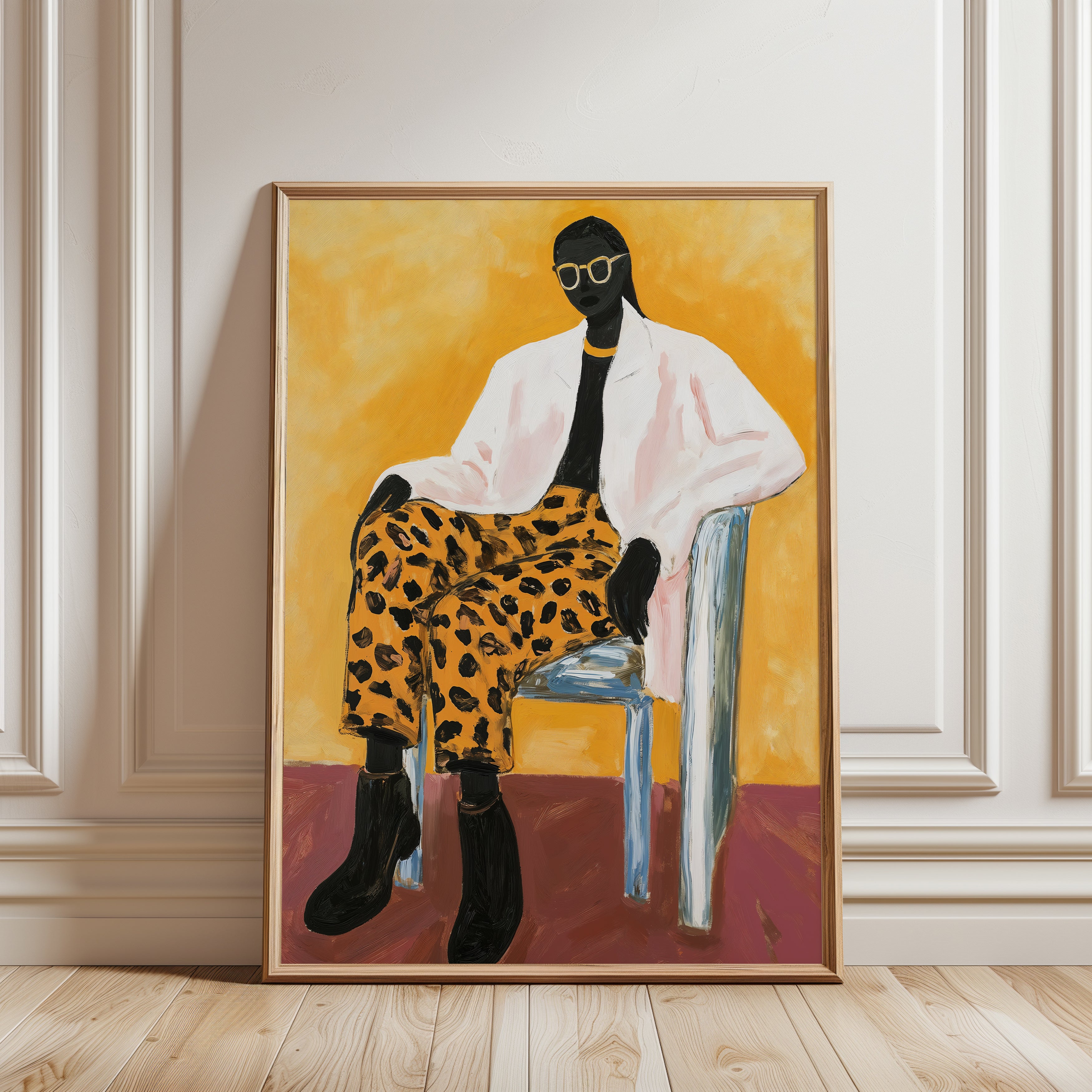 Confident Woman Portrait Print – Leopard Pants - framed detail