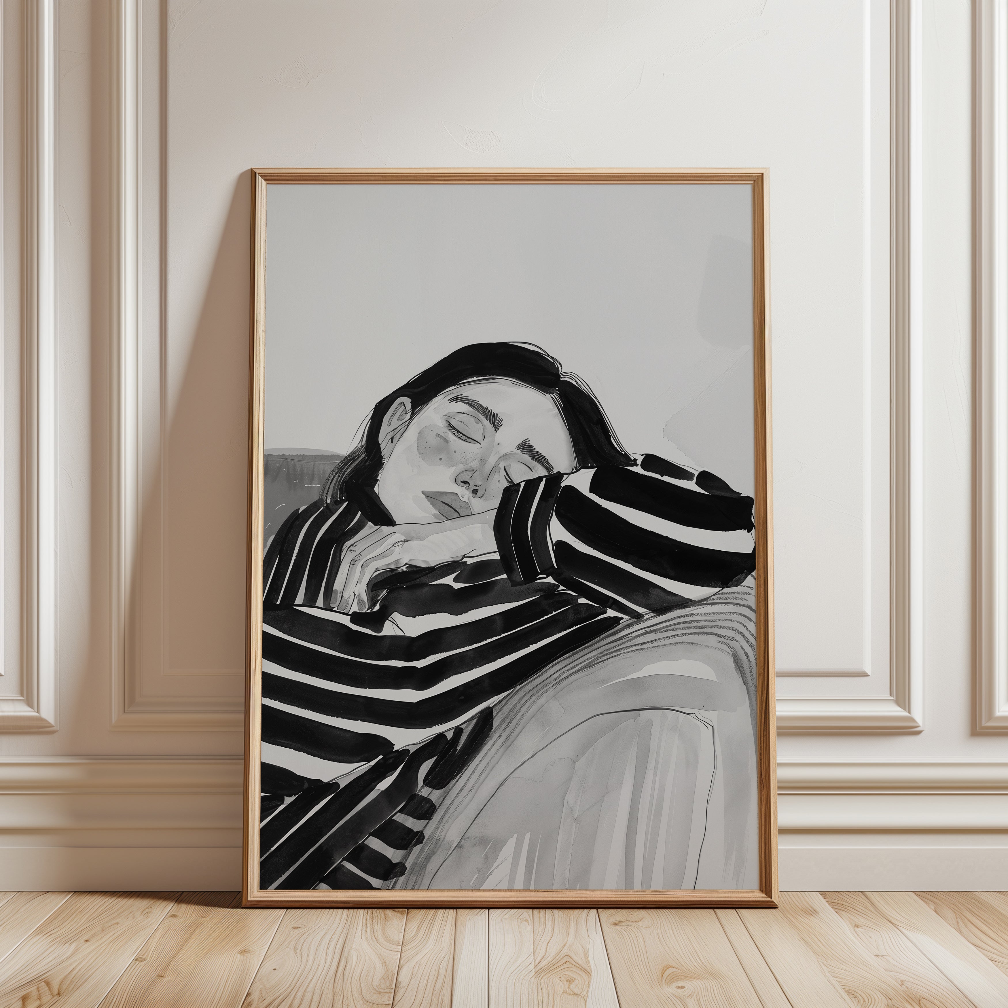 Resting Woman Print: Minimalist Black and White Art (Unframed) - framed detail