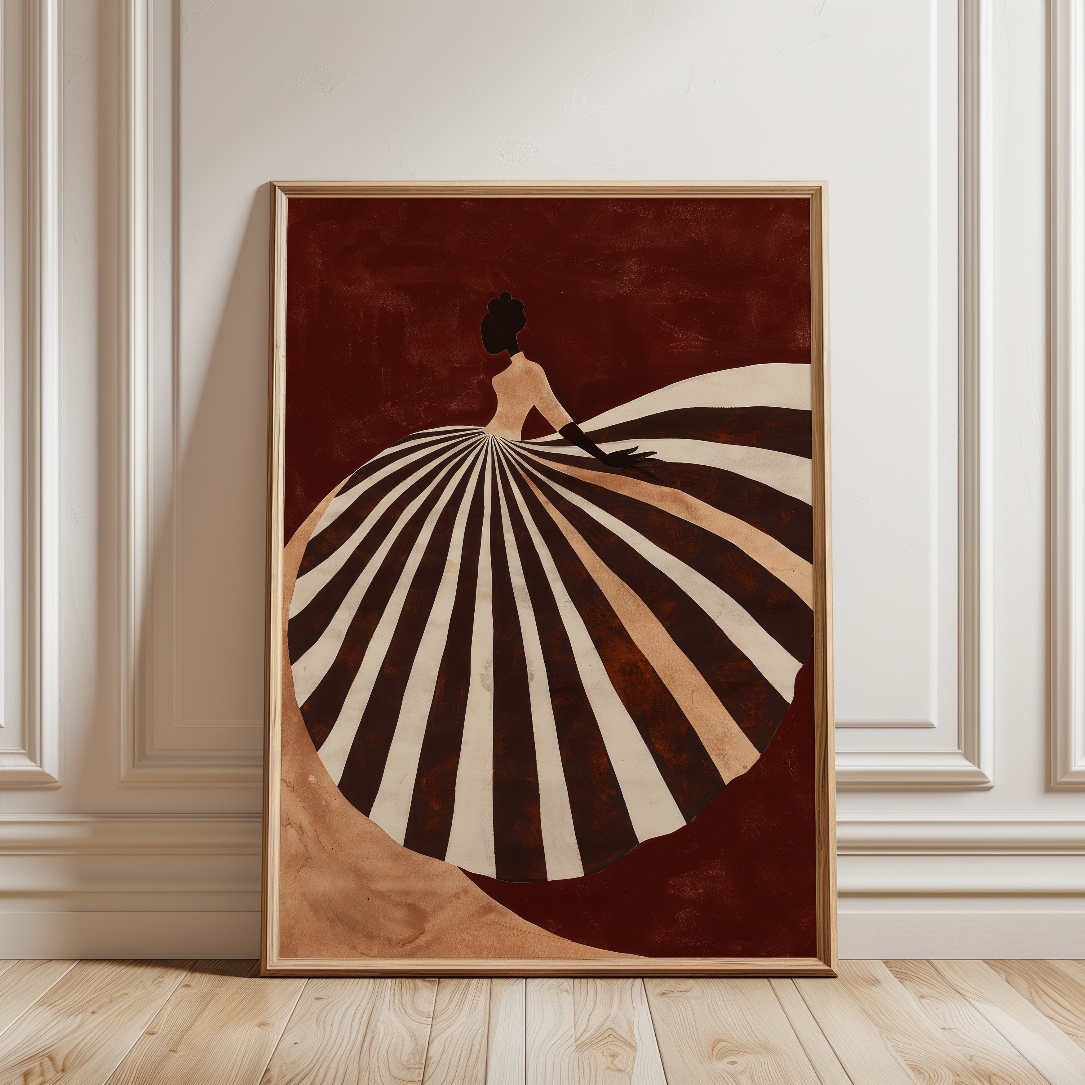 Striped Gown Art Print: Art Deco Woman in Brown and Cream - framed detail