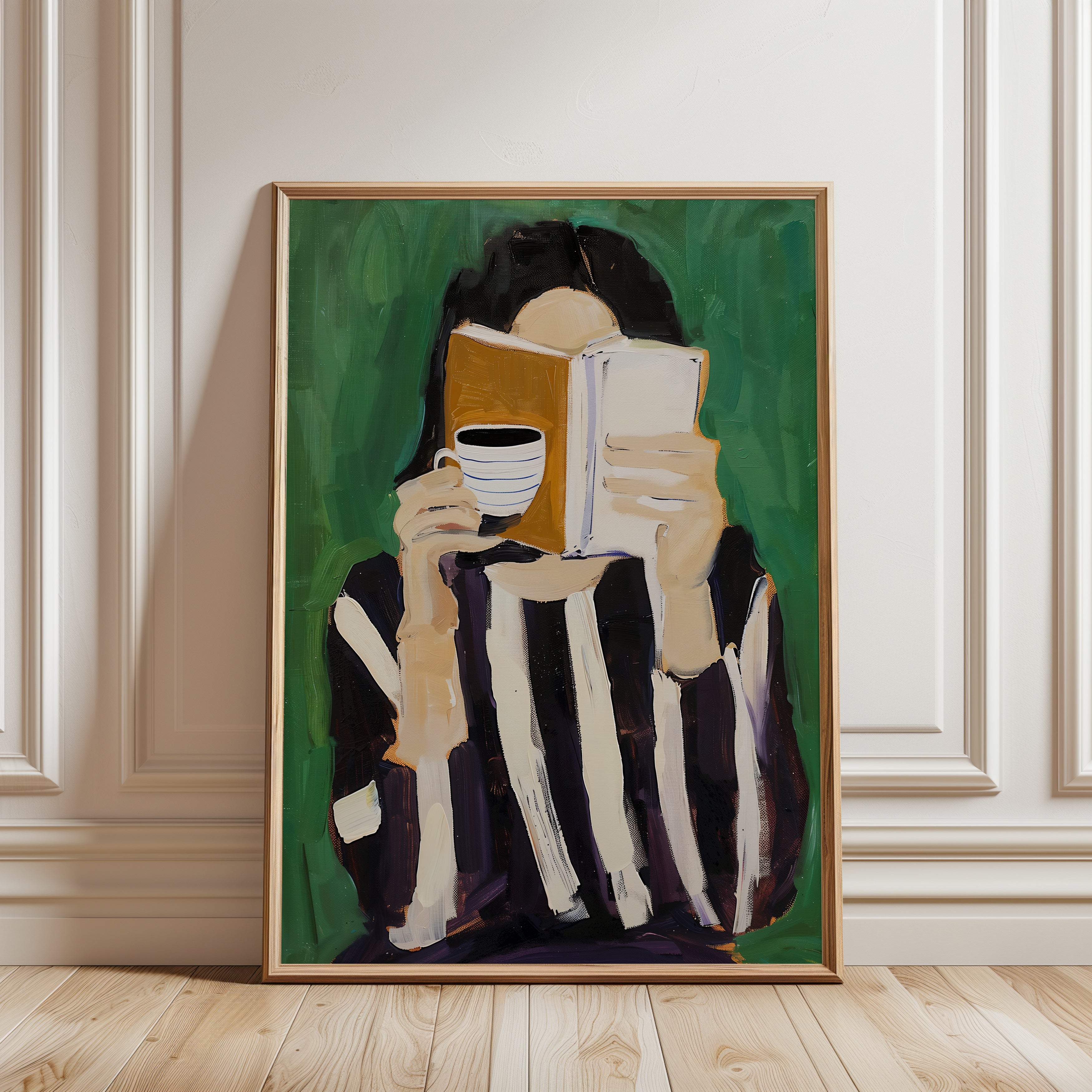 Reading with Coffee Wall Art: Contemporary Figure Painting - framed detail