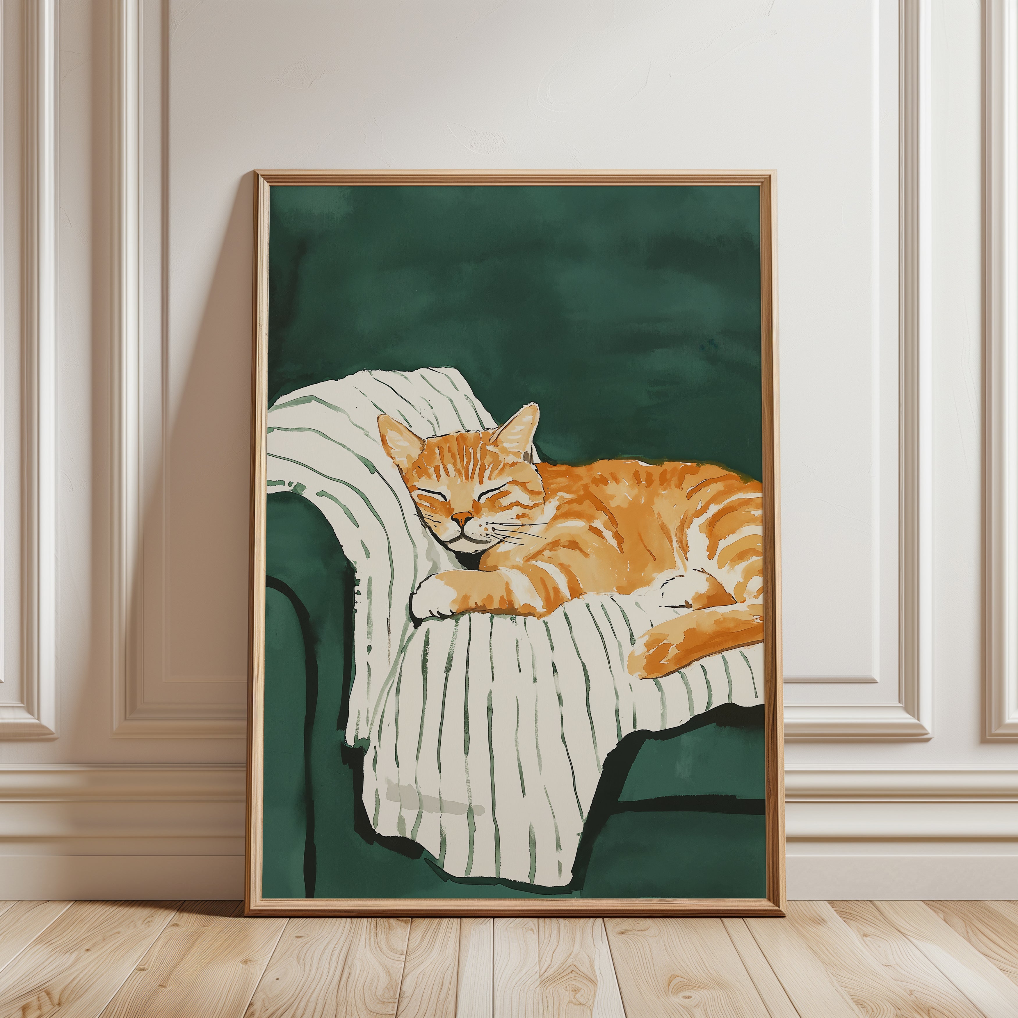 Sleeping Tabby Cat Wall Art – Green Armchair - framed detail
