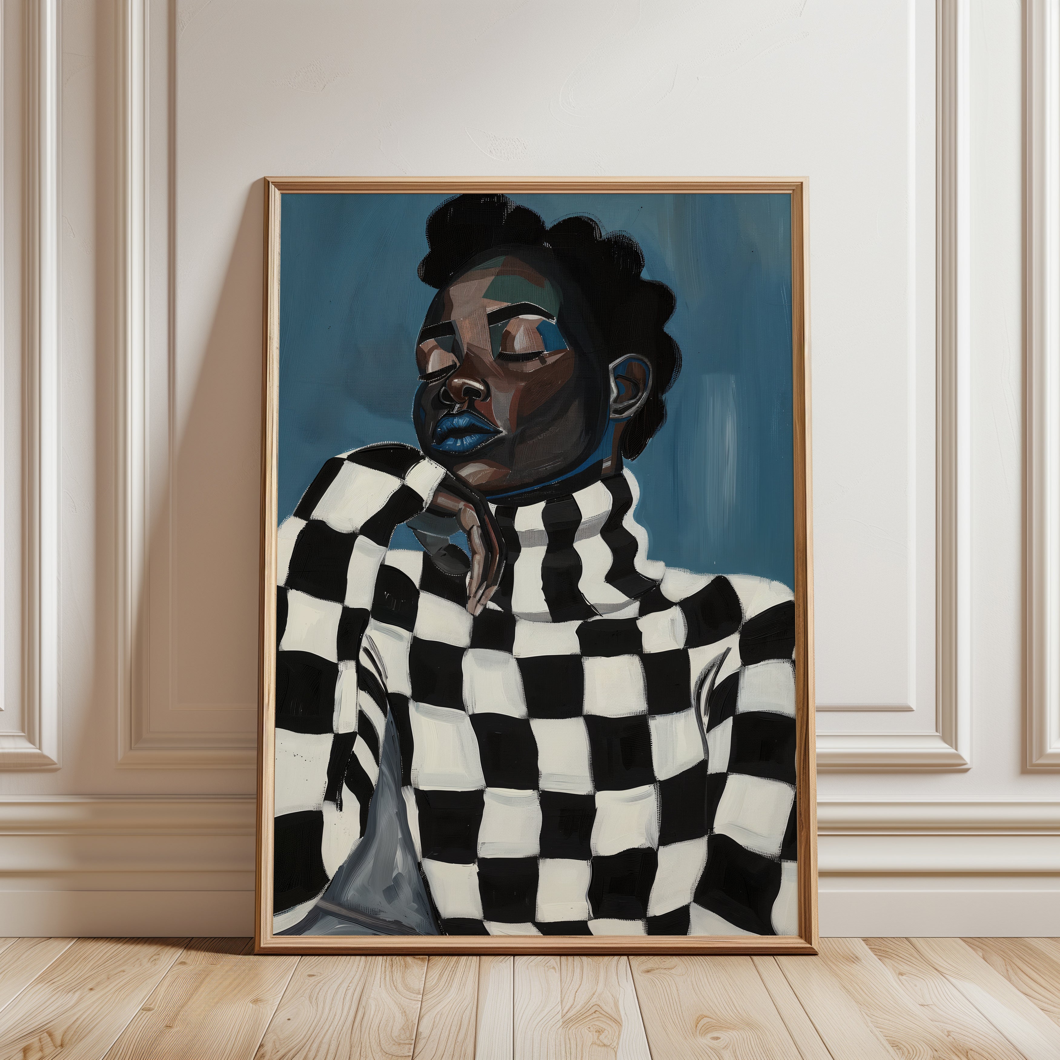 Fashion Portrait Print: Black Woman with Blue Lips and Checkered - framed detail