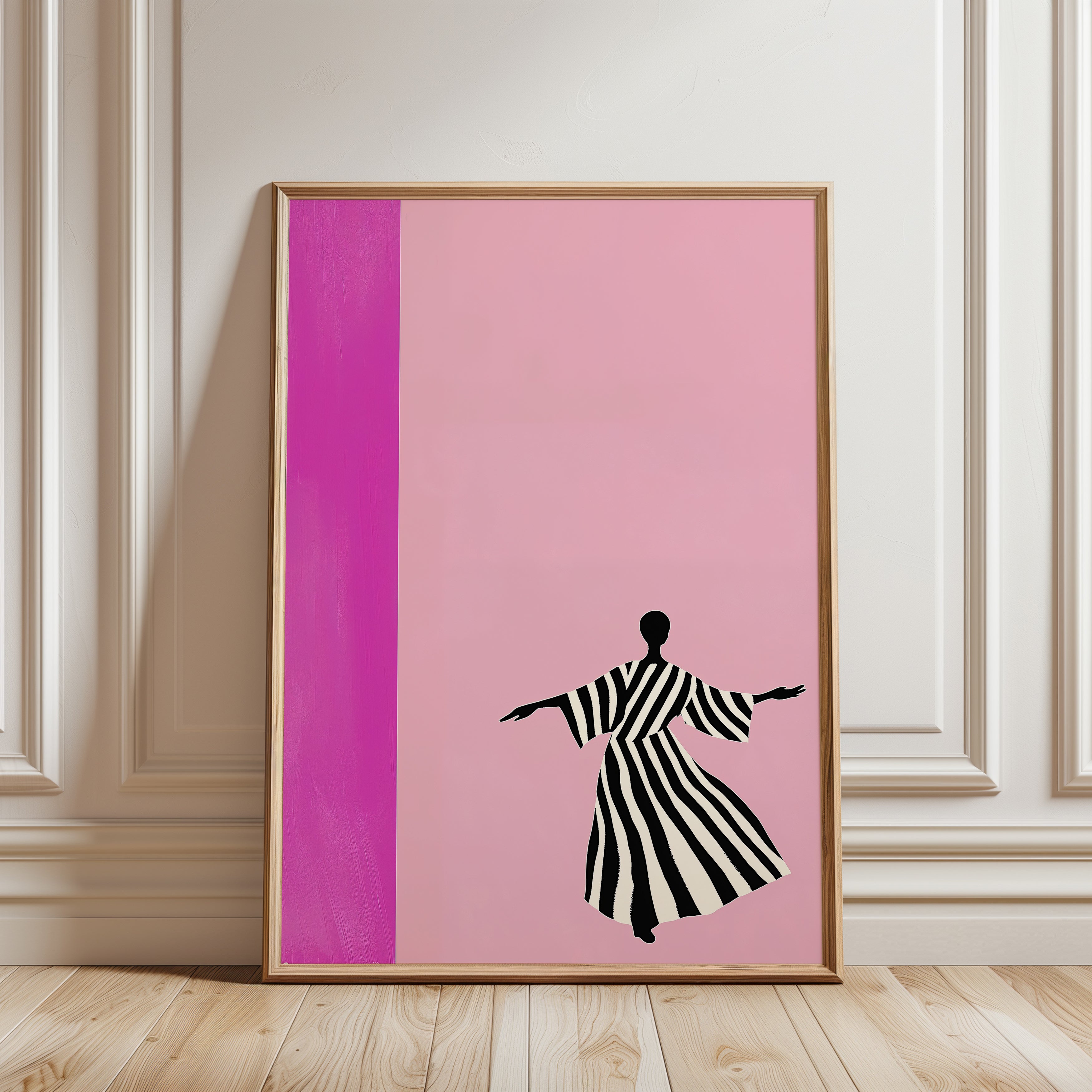 Dancing Figure Wall Art: Zebra Stripes on Pink Background - framed detail