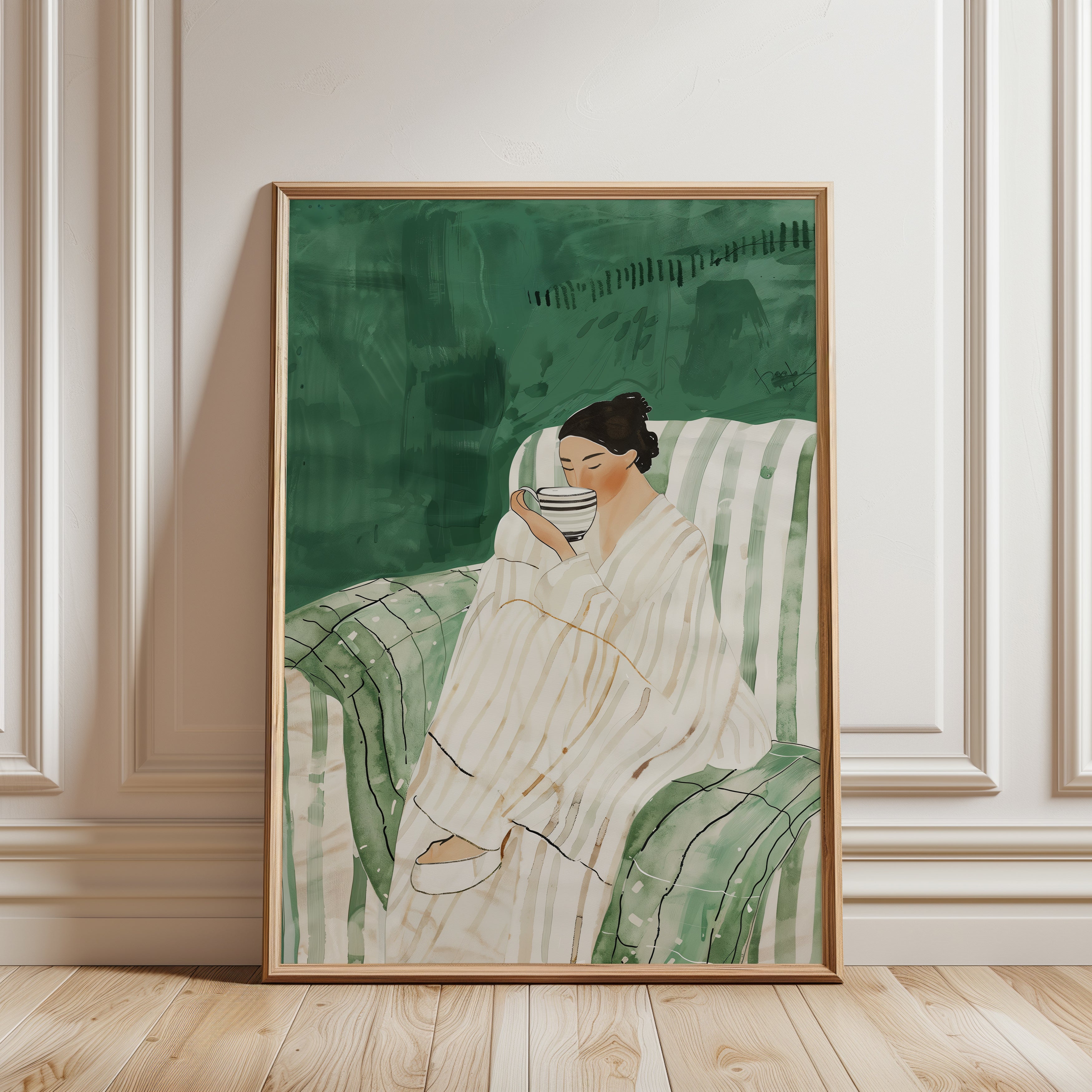 Botanical Wall Art: Calm Bedroom Decor (Woman Drinking Tea Print) - framed detail