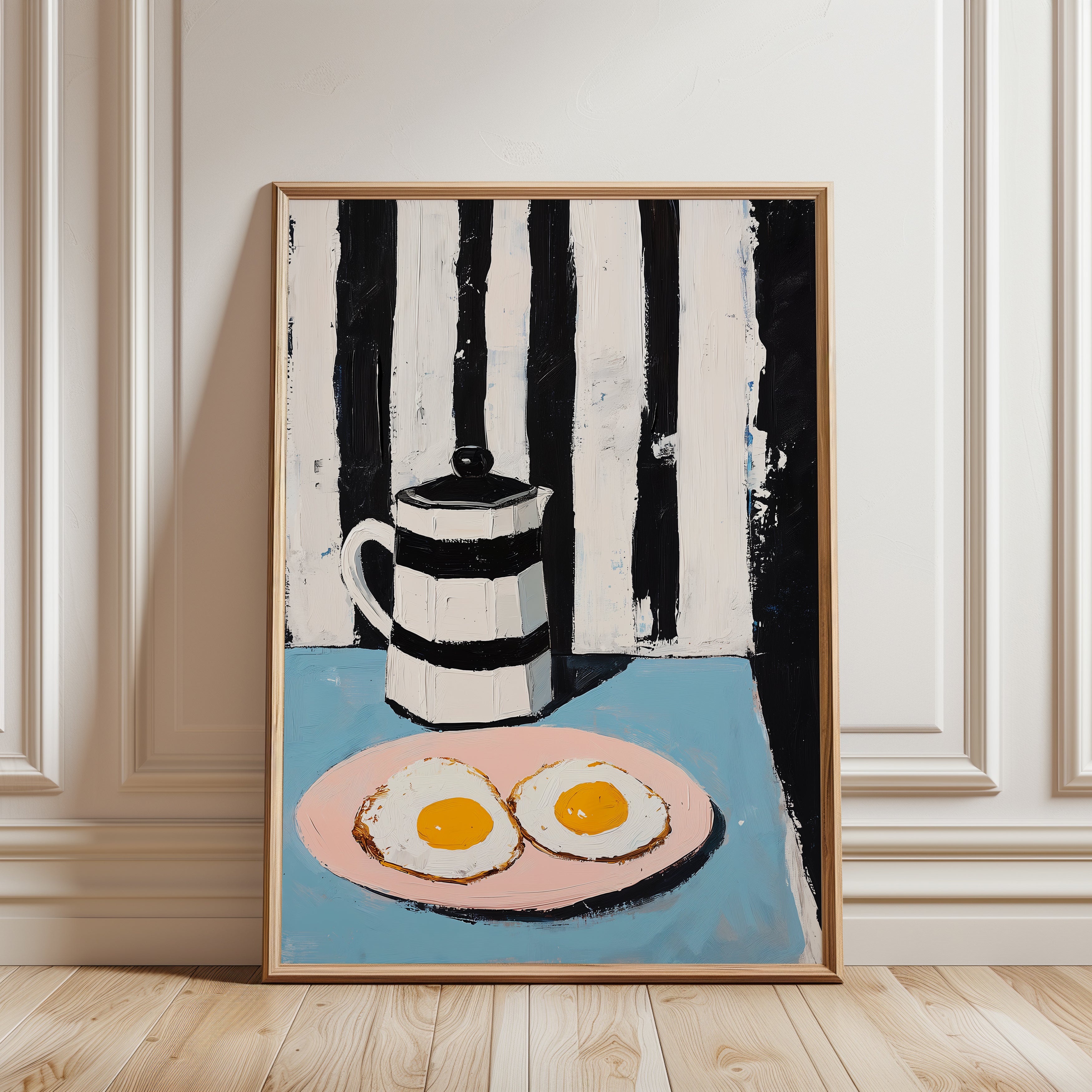 Fried Eggs Art Print: Retro Kitchen Scene (Black White Stripes) - framed detail