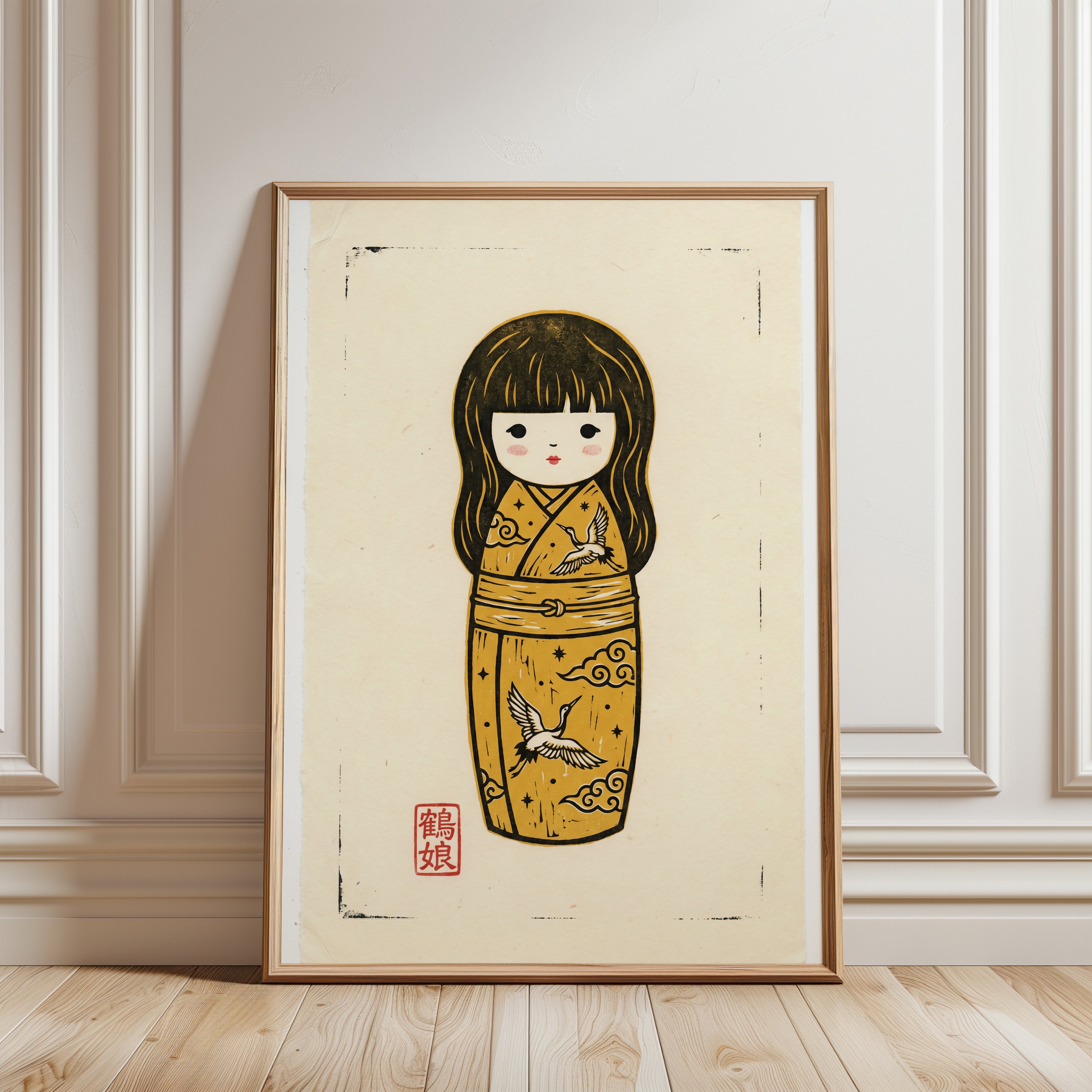 Kokeshi Doll Wall Art: Vintage Japanese Woodblock Print (A1-A4 Sizes) - framed detail