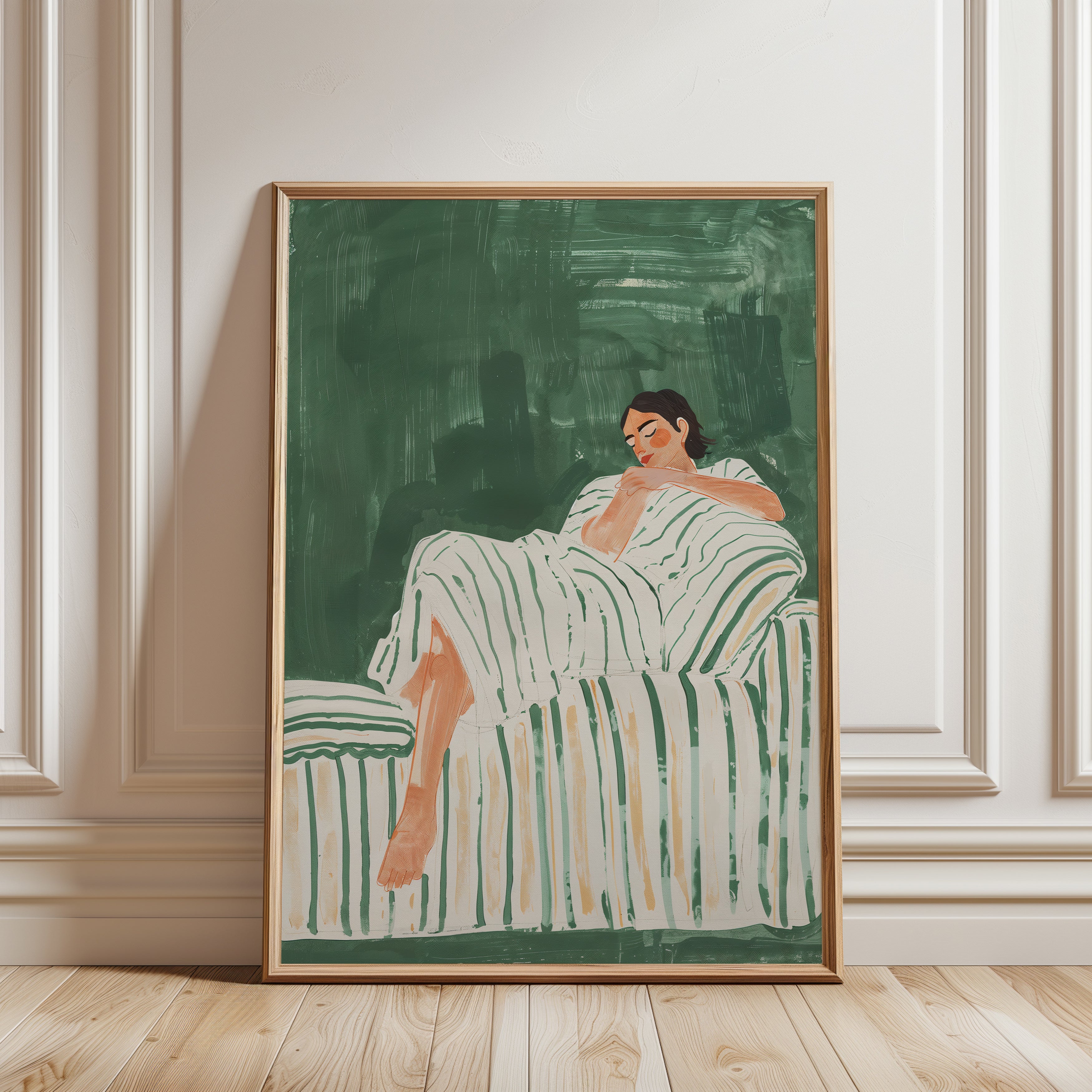 Resting Woman Art Print: Modern Green Striped Poster (Various Sizes) - framed detail