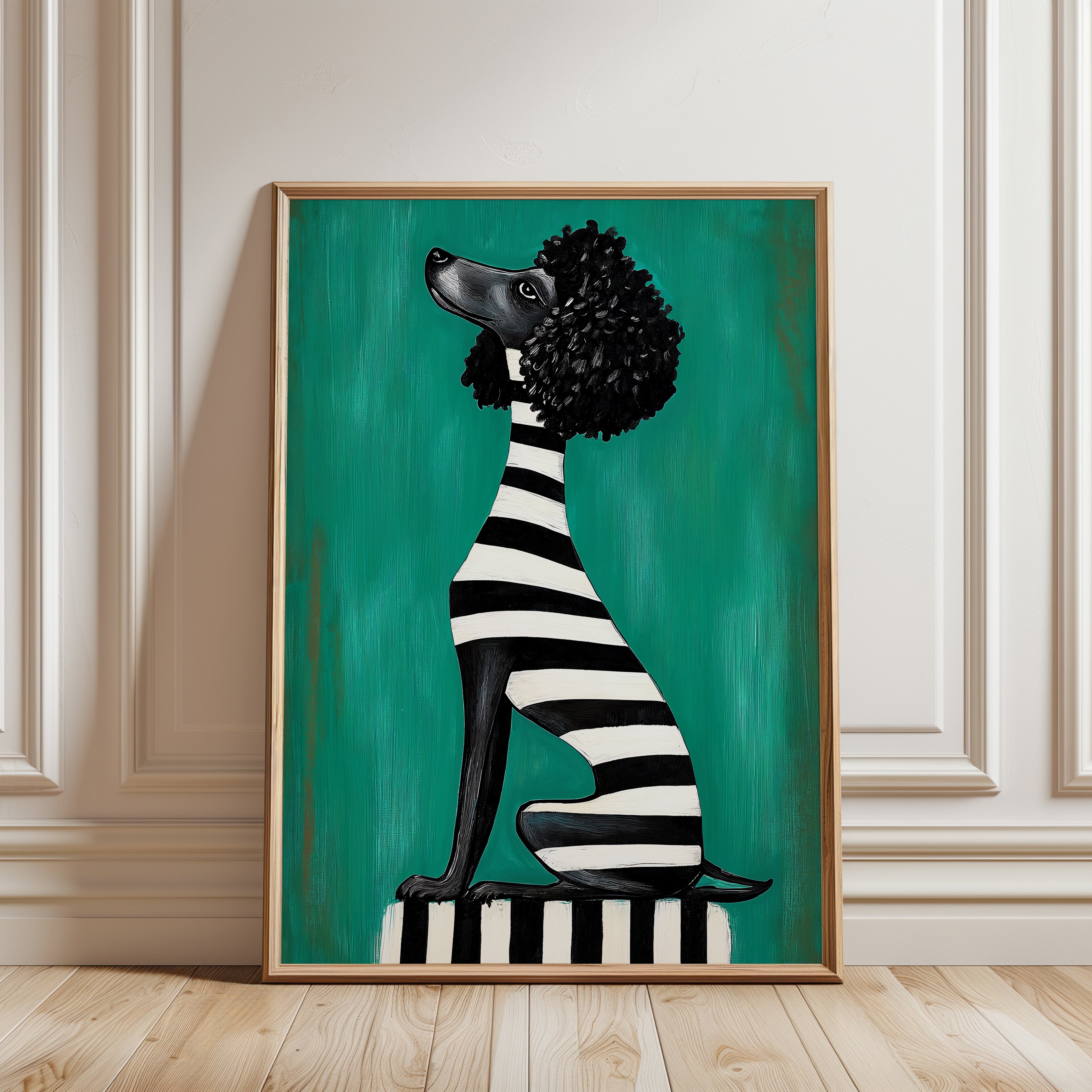 Black Poodle Wall Art Print: Striped Shirt - framed detail
