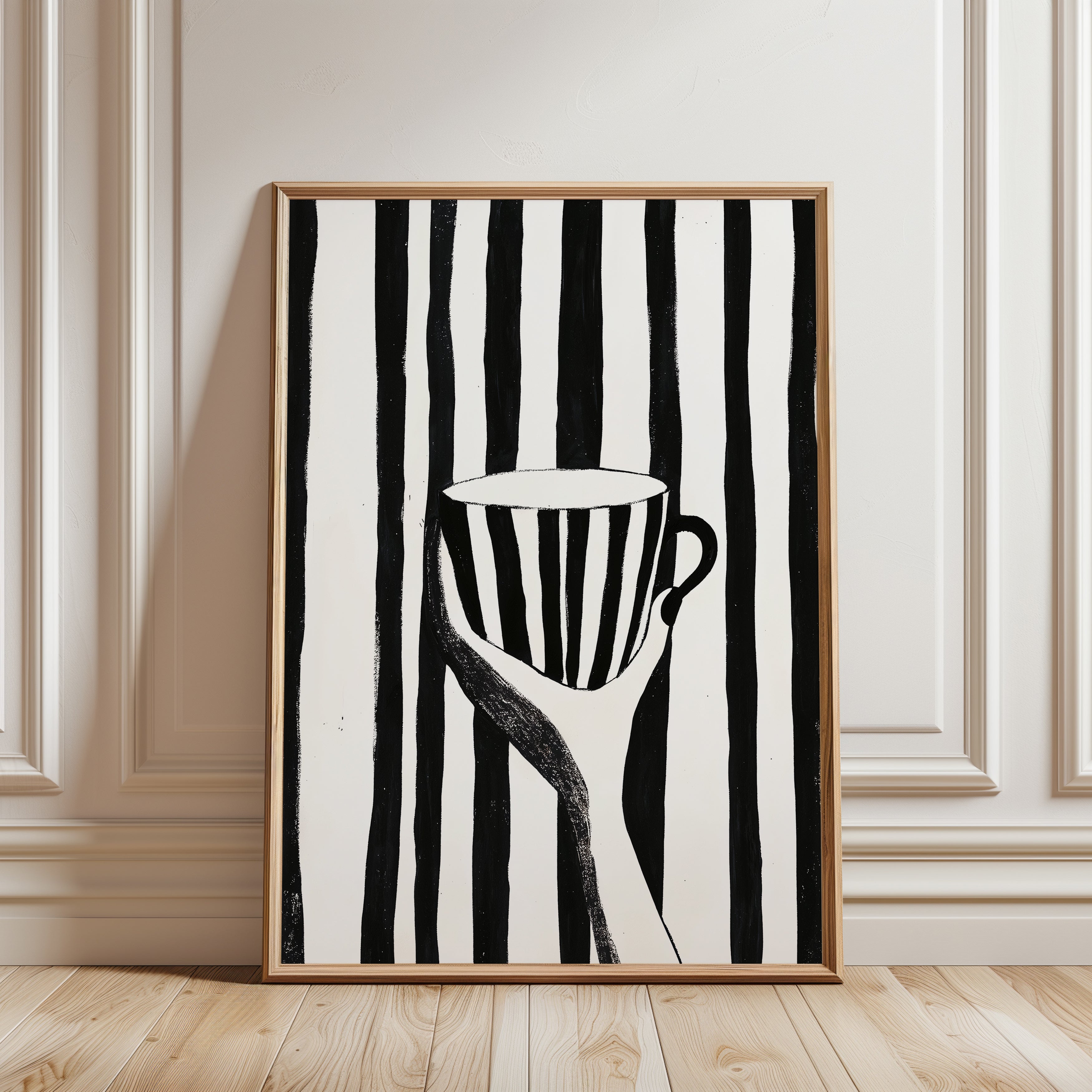 Minimalist Coffee Cup Poster: Black White Stripes - framed detail