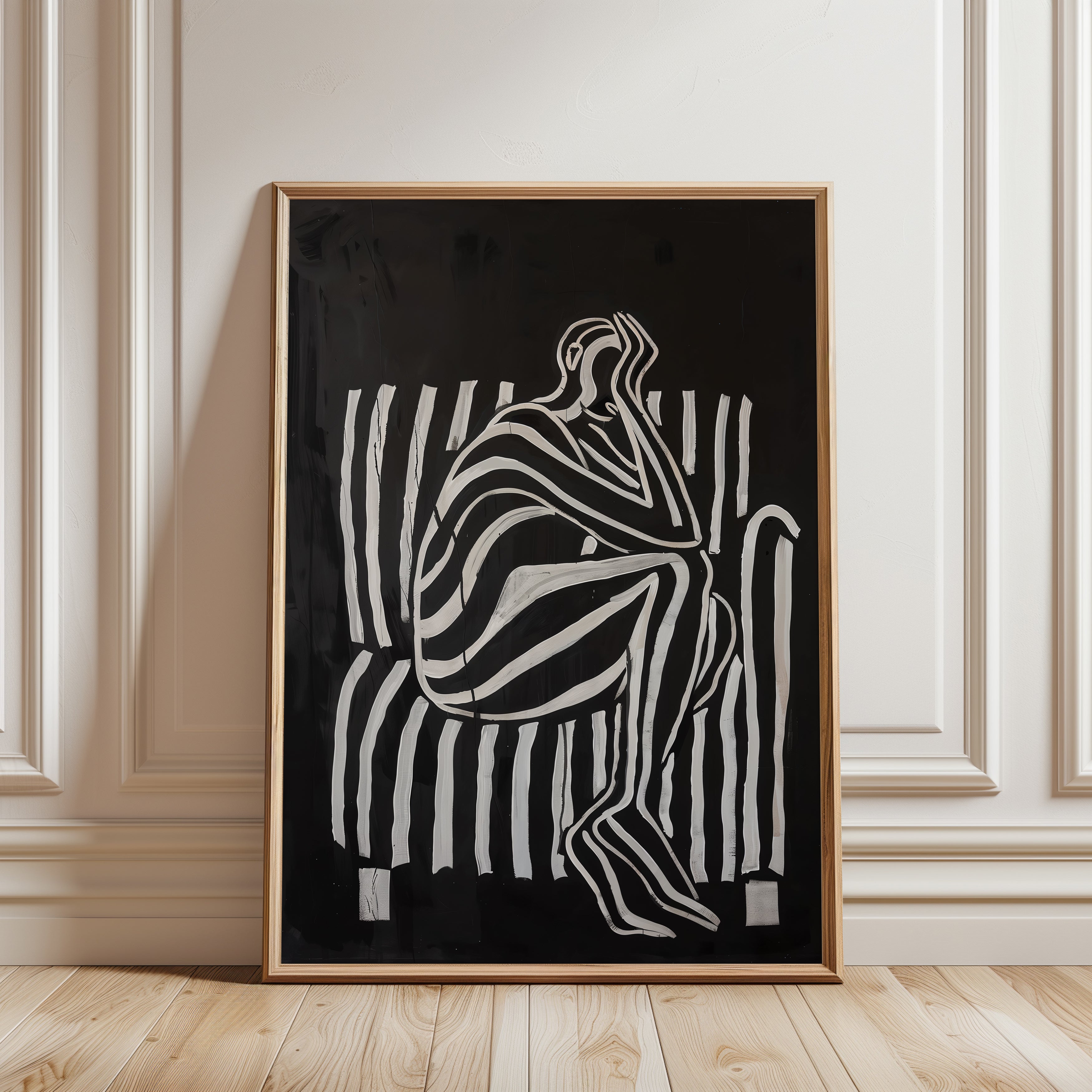 Abstract Figure Wall Art: Minimalist Black and White Poster - framed detail