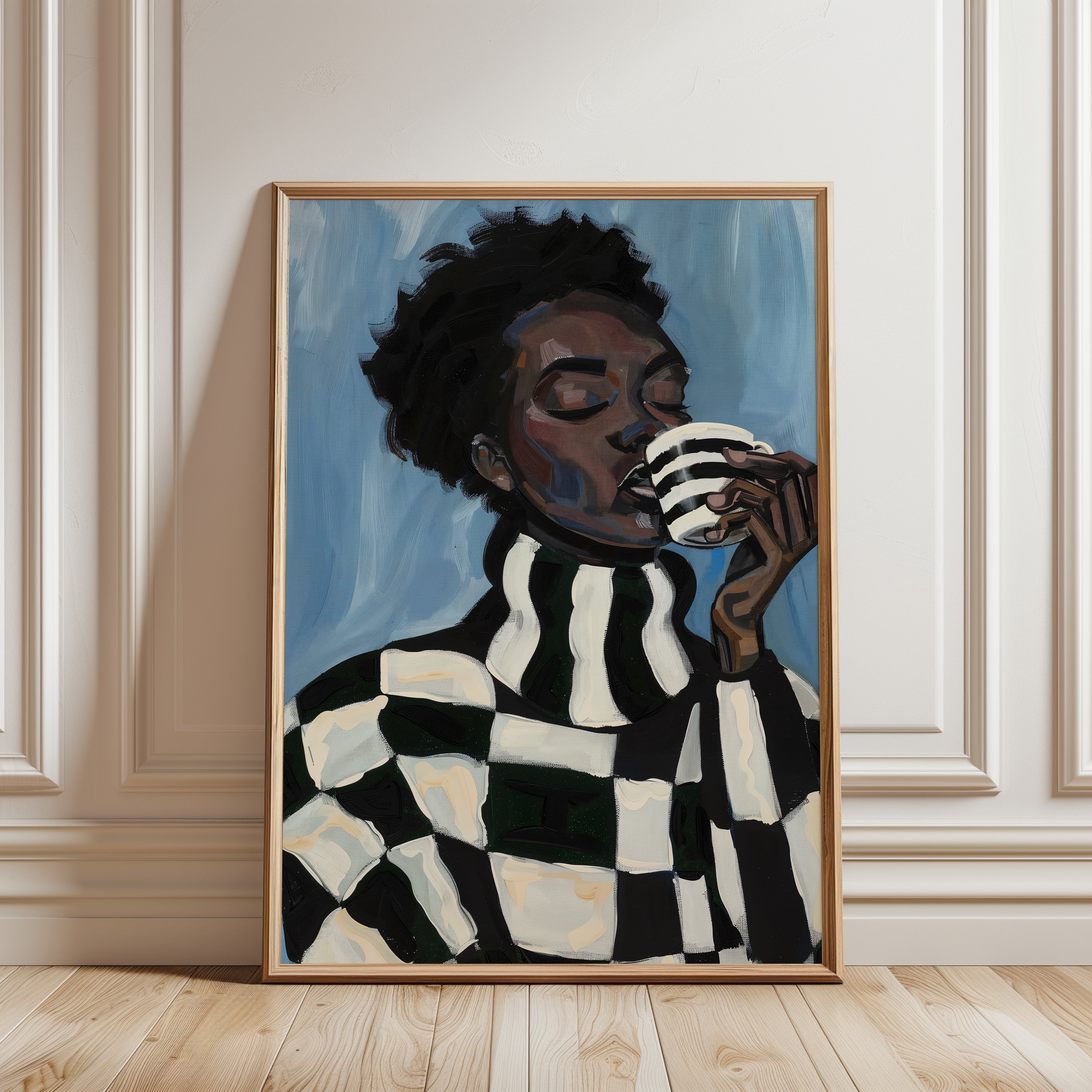 Black Woman Portrait Print: Cozy Striped Sweater (Bedroom or Kitchen D - framed detail