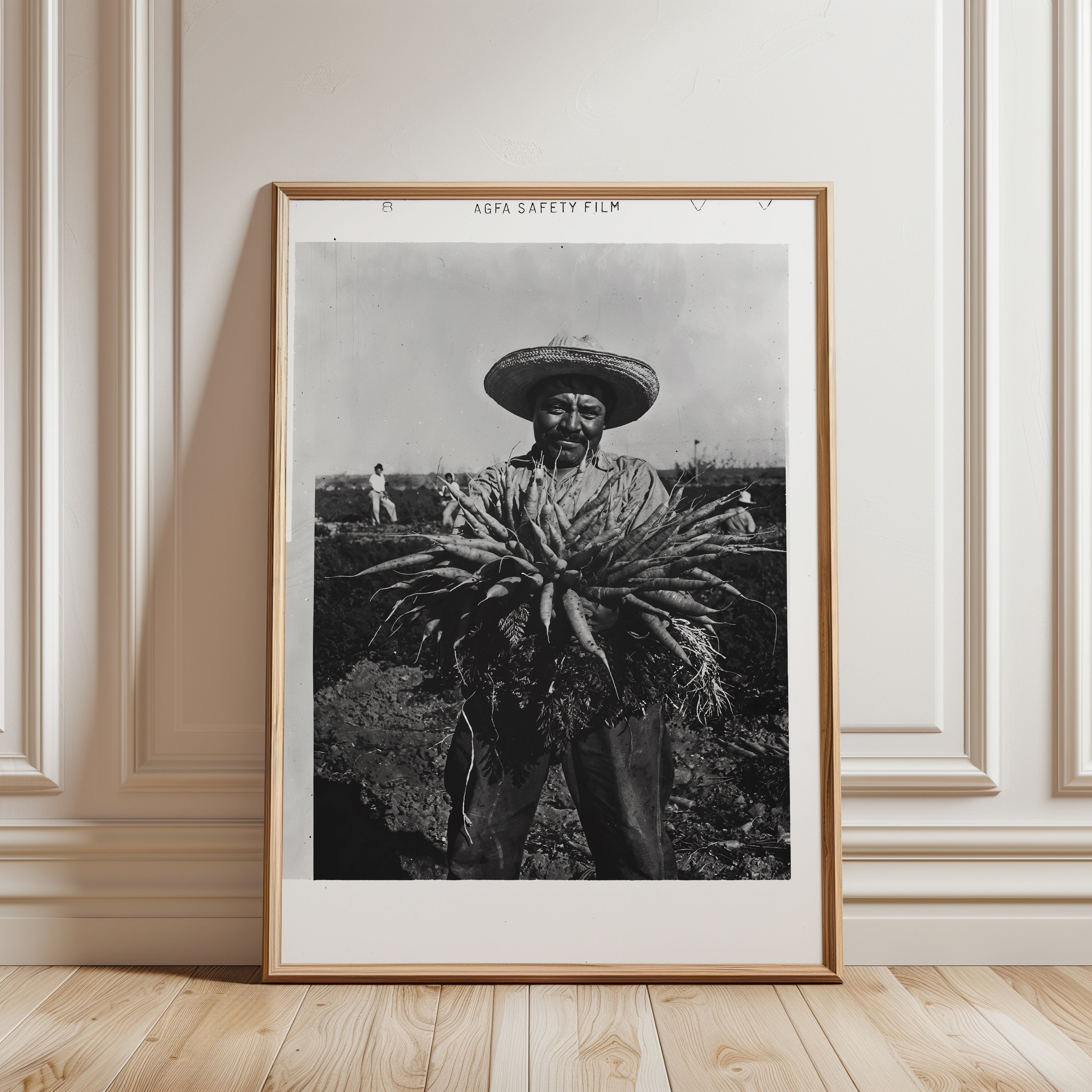 Vintage Farmer Carrots Print: Black and White Rustic Kitchen Art - framed detail