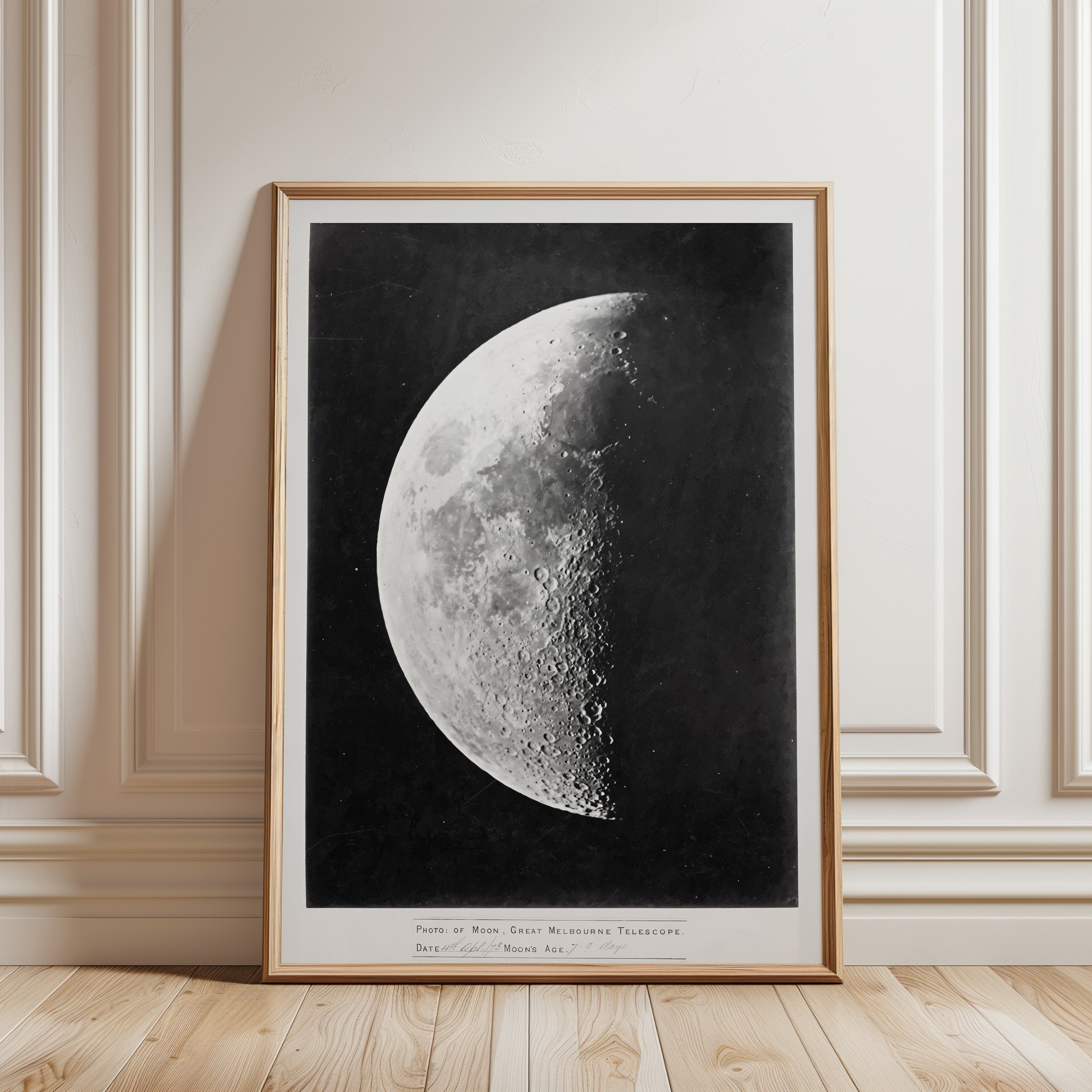 Lunar Crescent Moon Print: Victorian Science Poster (Black & White) - framed detail