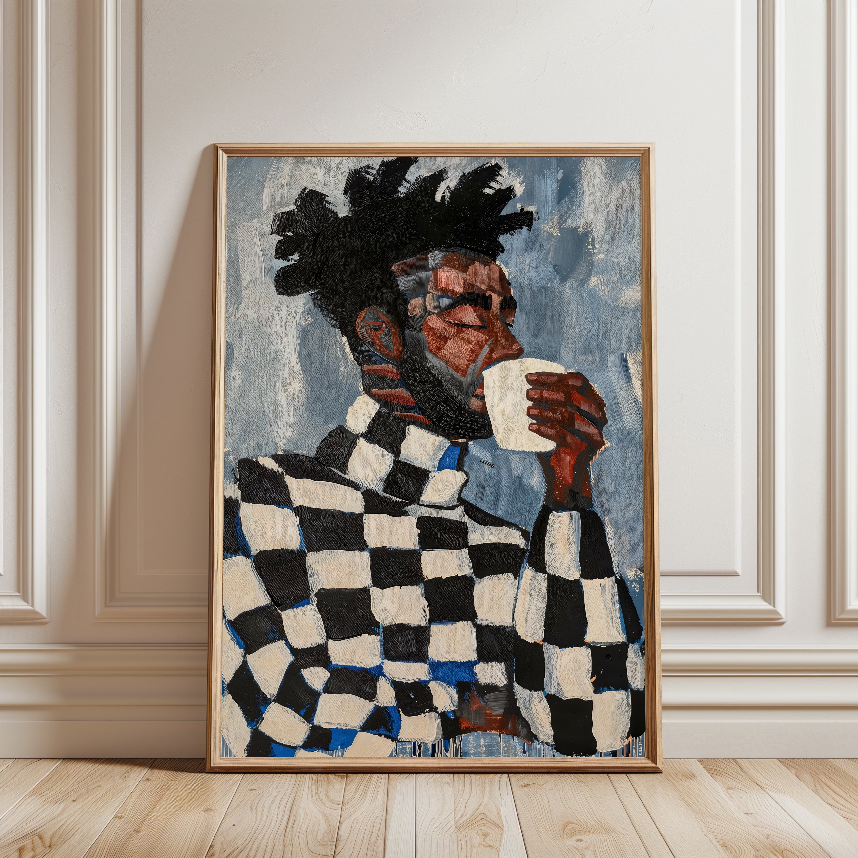Black Woman Coffee Art Print: Checkered Style - framed detail