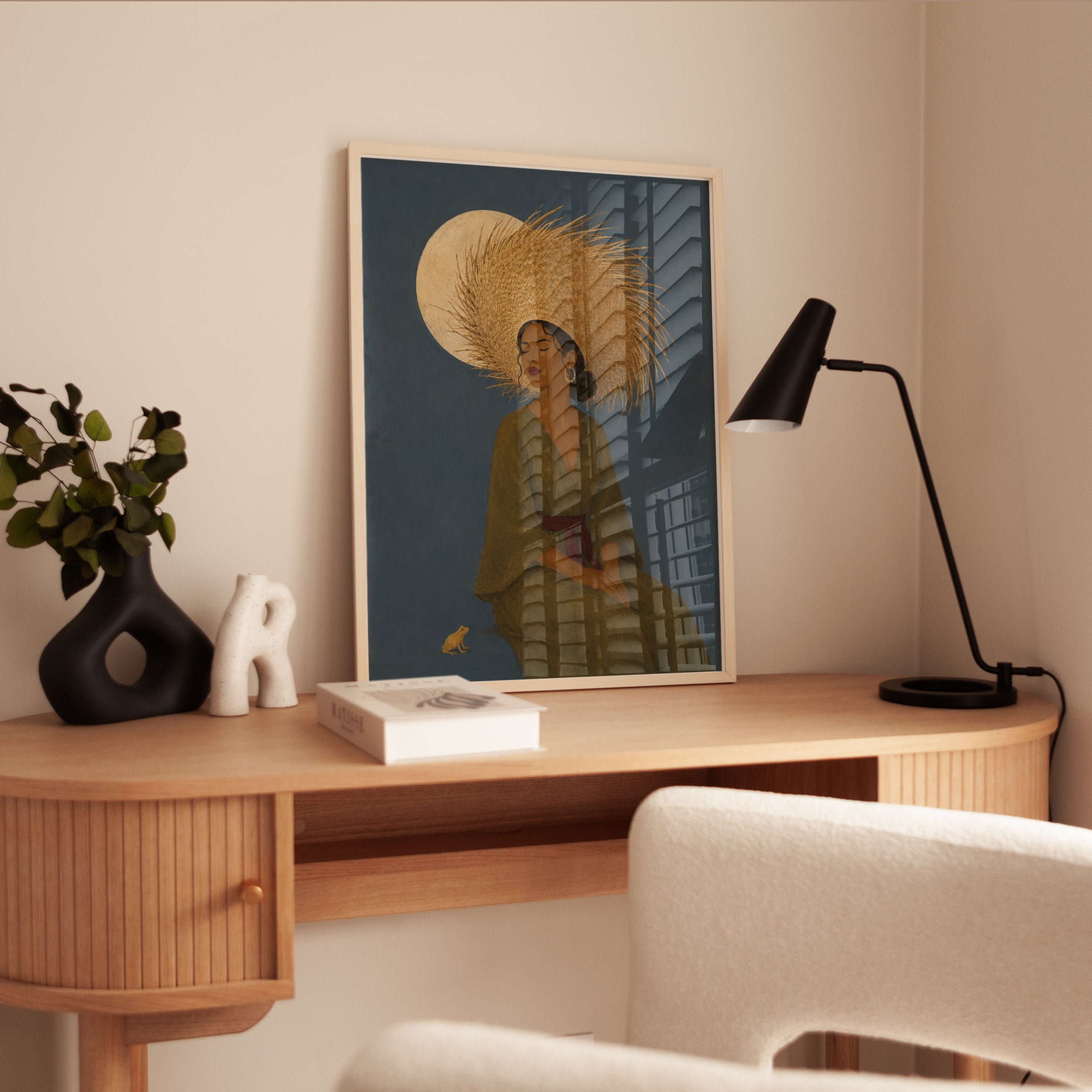 Woman with Straw Hat Folk Art Portrait Print - interior