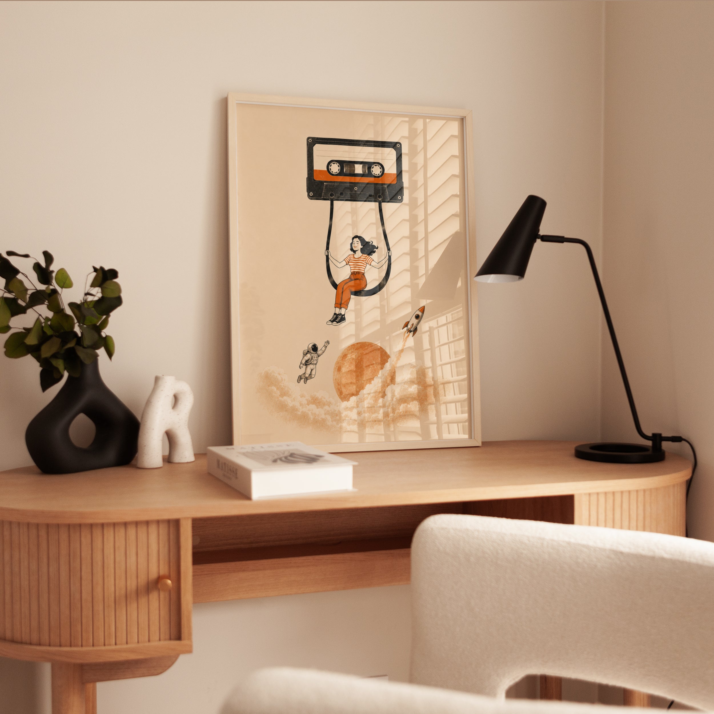 Cassette Tape Swing Art Print: Retro Music and Space Illustration - interior