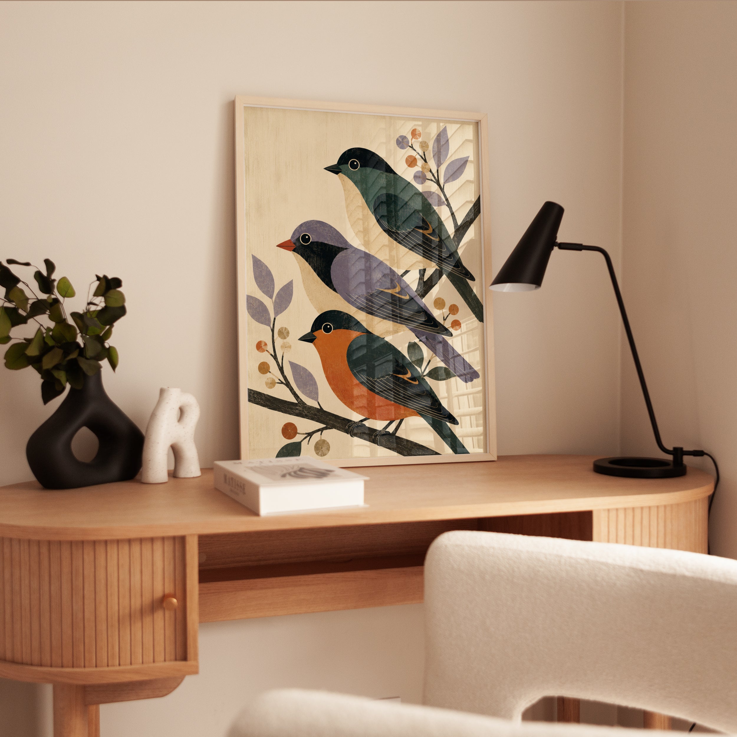 Three Birds on Branches Wall Art: Mid-Century Folk Design - interior