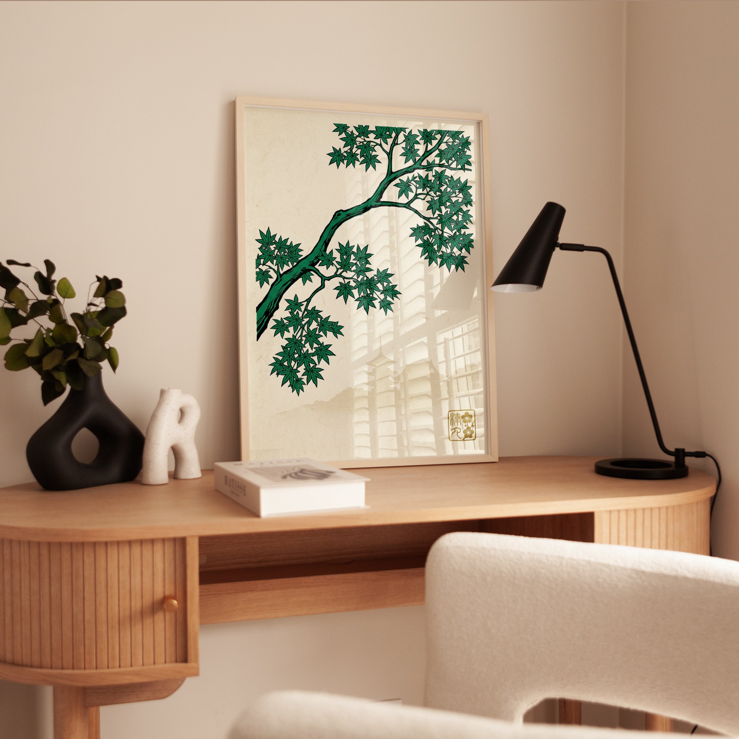 Japanese Maple Branch Art Print: Green Tree with Pagoda Design - interior