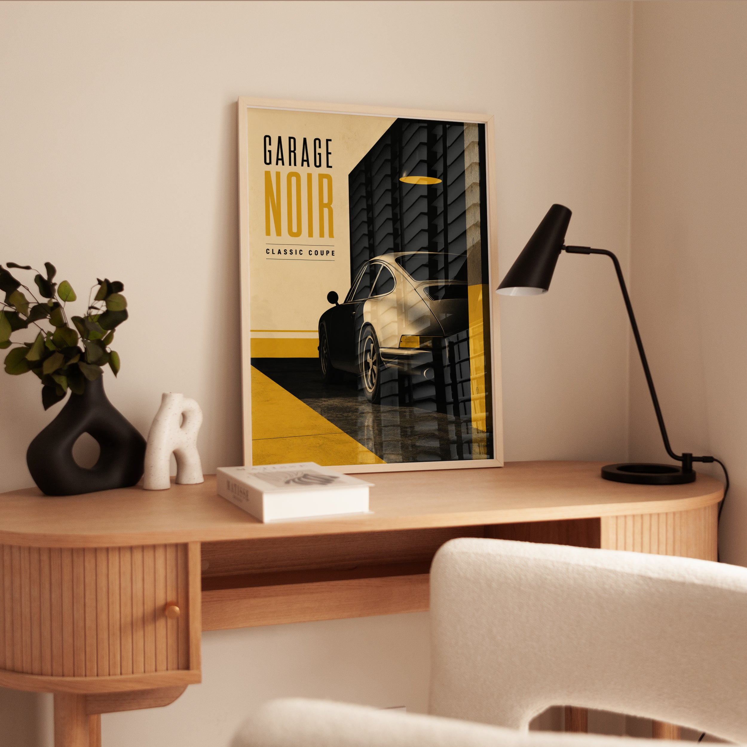 Garage Noir Classic Coupe Poster: Vintage Sports Car Art Print - interior