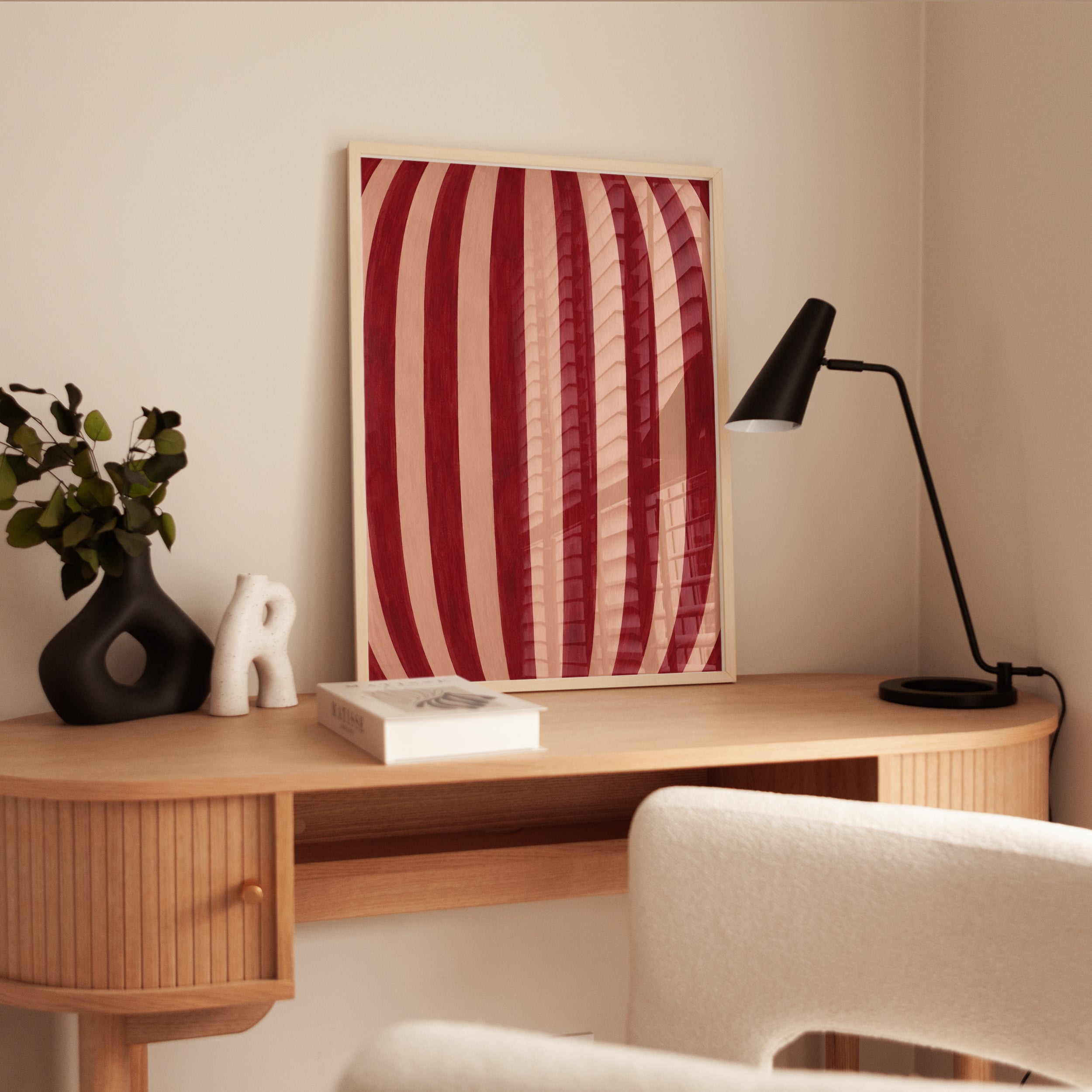 Curved Stripes Wall Art – Red Abstract Print - interior