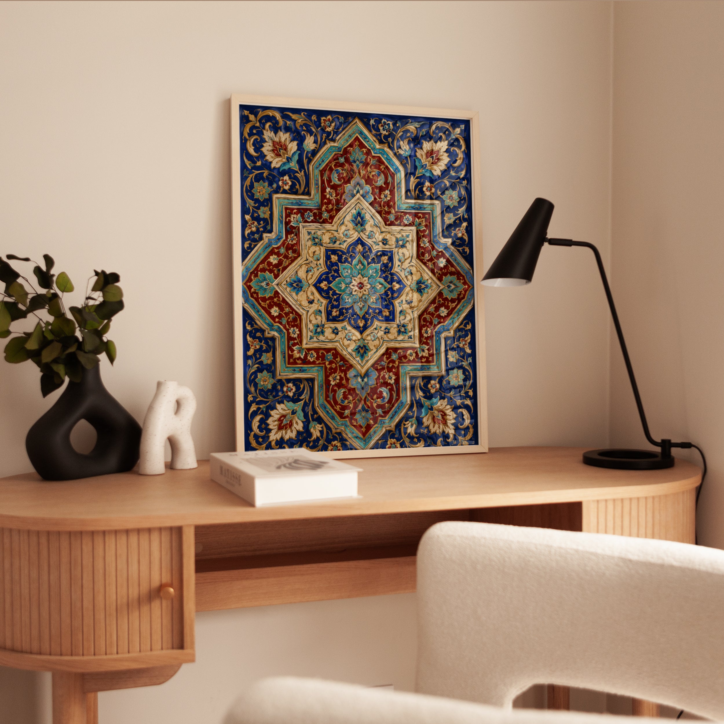 Persian Tile Mandala Art Print: Blue and Red Islamic Pattern - interior