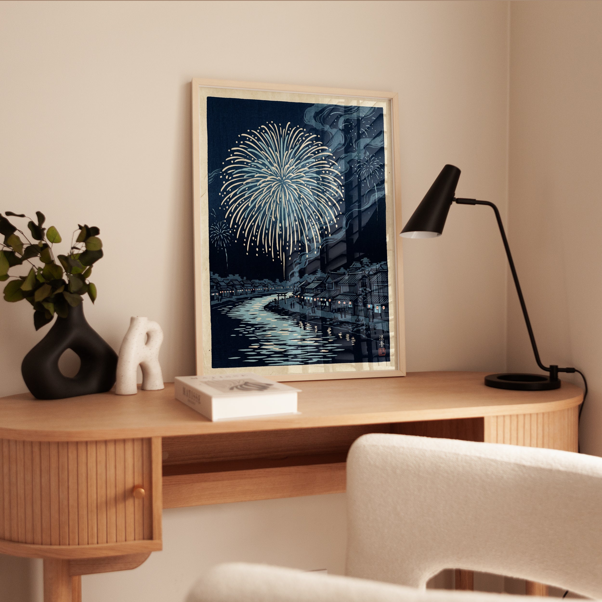Japanese Fireworks Over River Town: Ukiyo-e Style Art Print - interior