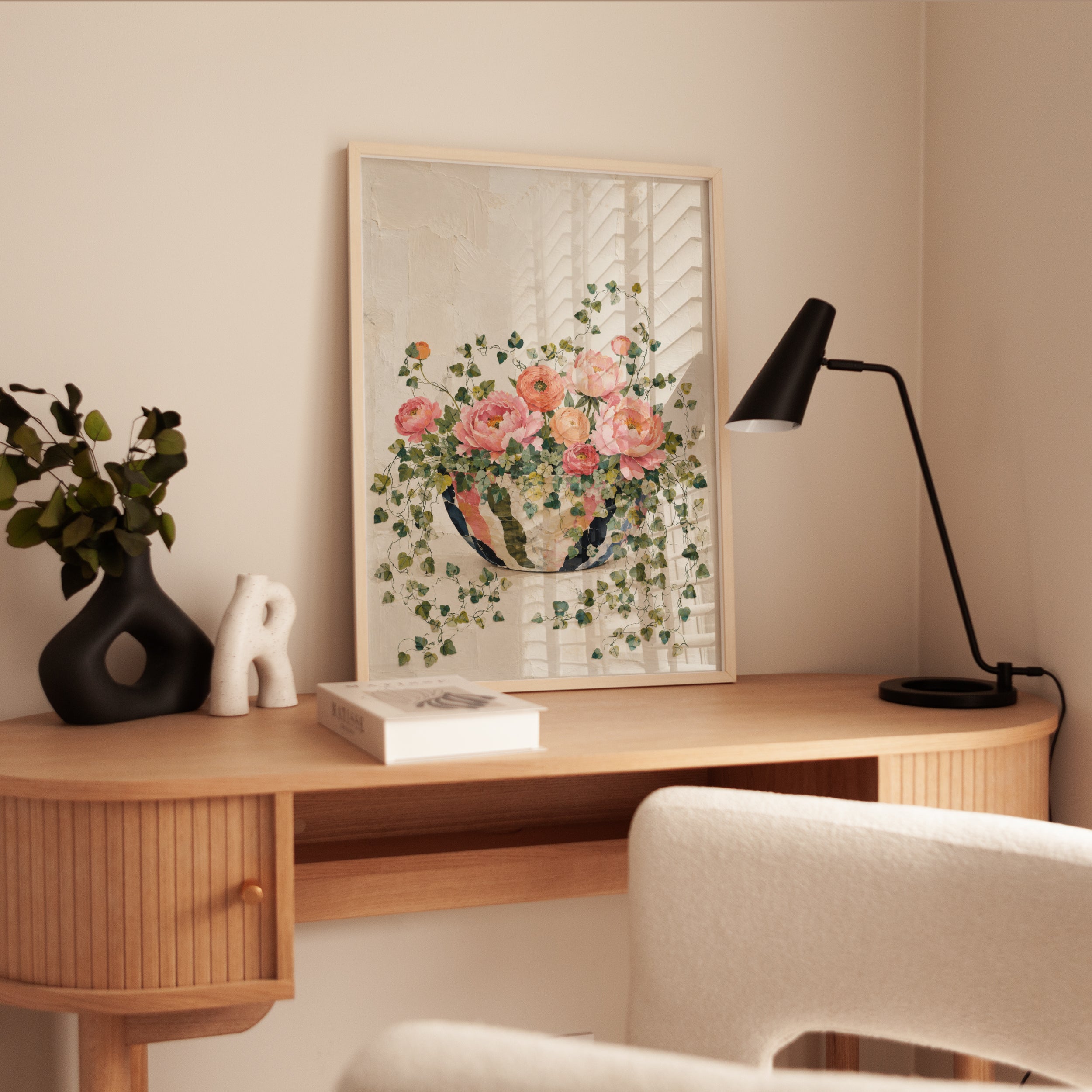 Pink Peonies and Ranunculus in Vase: Botanical Wall Art - interior