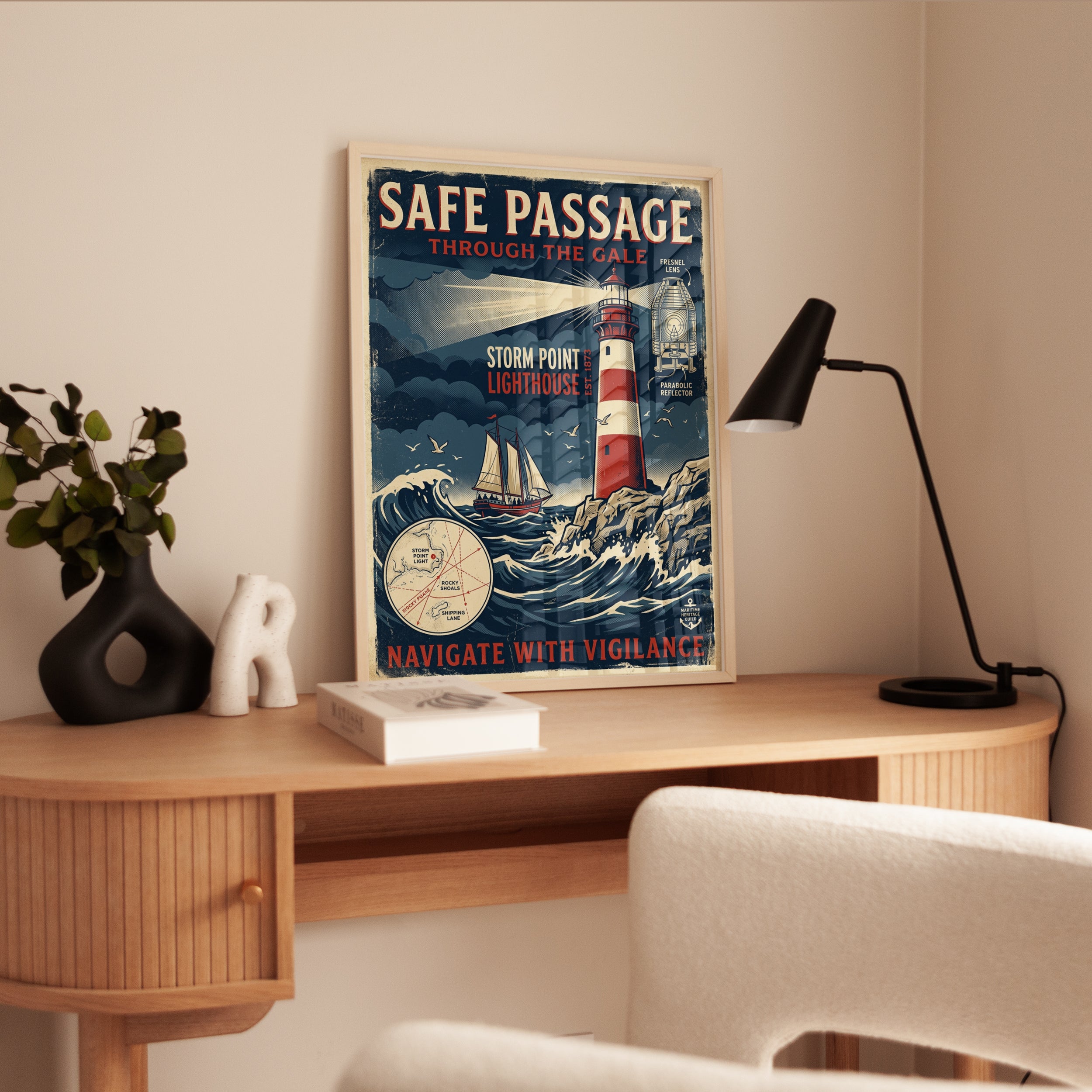 Lighthouse Vintage Nautical Print — Retro Storm Point Maritime Poster - interior