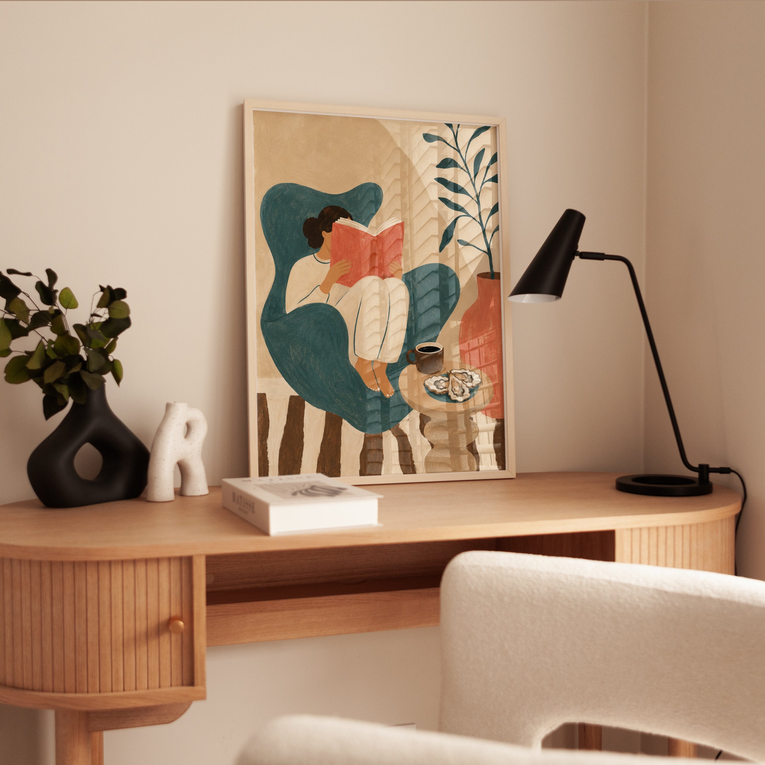 Reading Woman in Teal Chair Art Print: Minimalist Illustration - interior