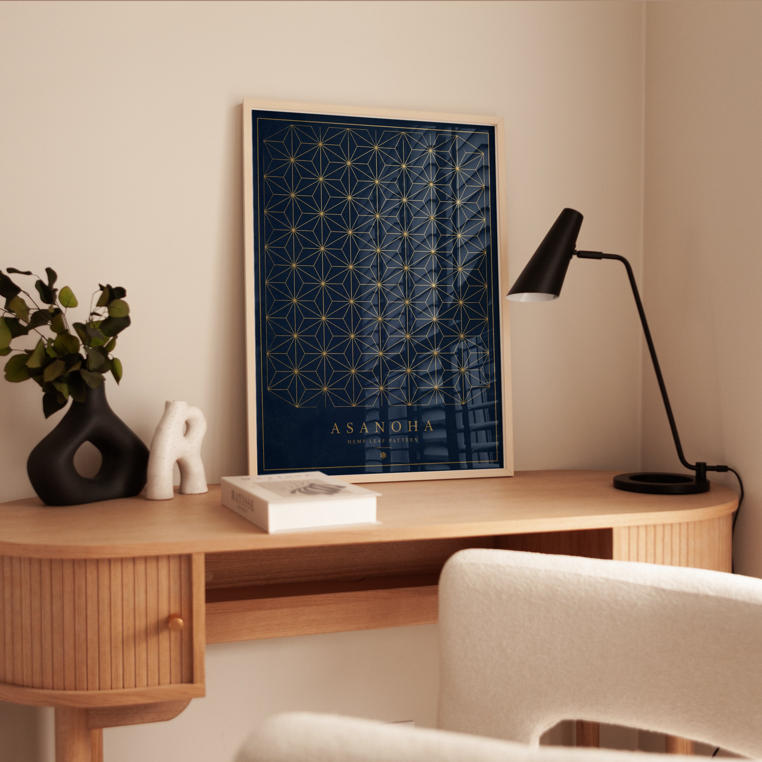 Asanoha Pattern Print: Japanese Inspired Wall Art (Navy & Gold) - interior