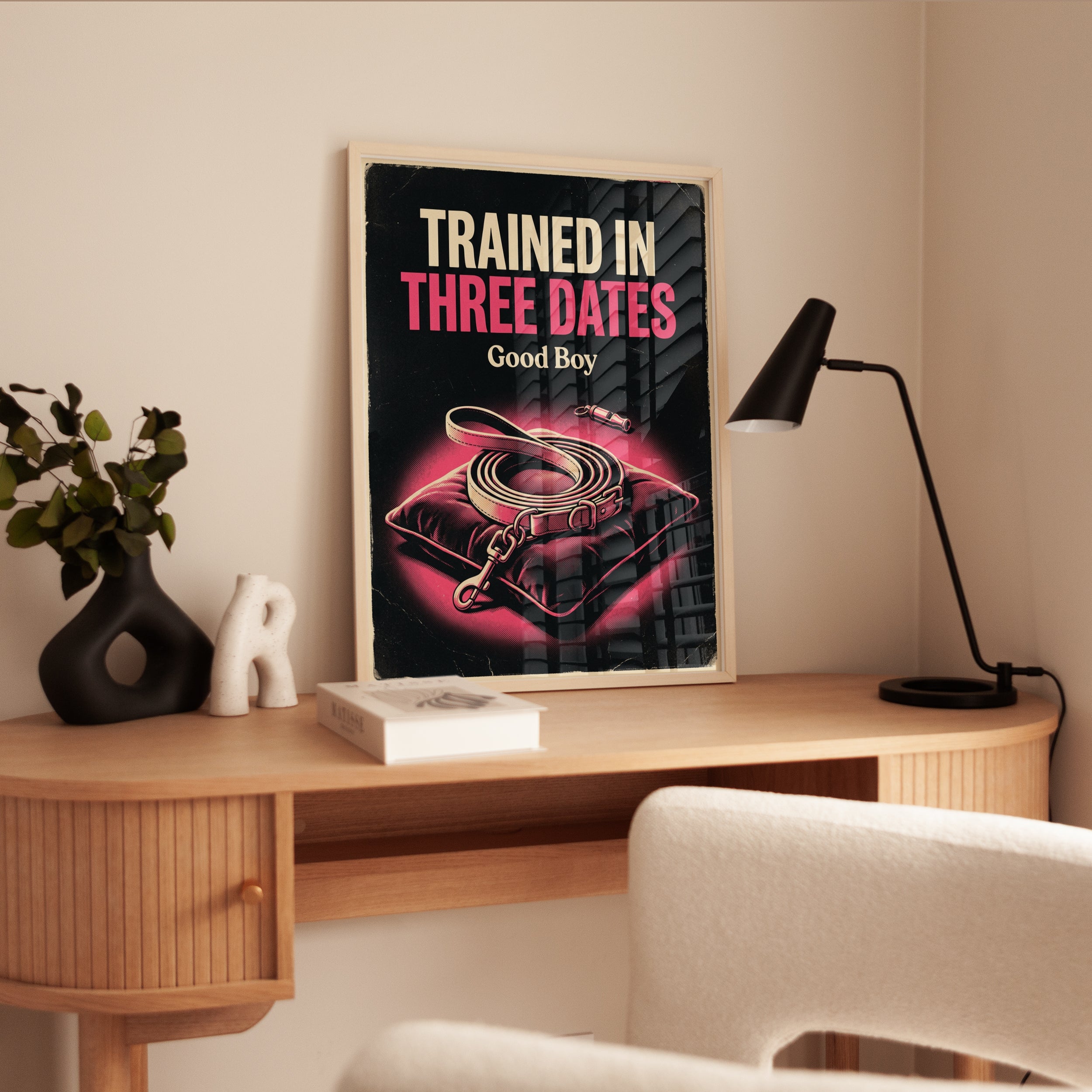 Vintage Dog Training Poster: Retro Pink and Black Wall Art - interior