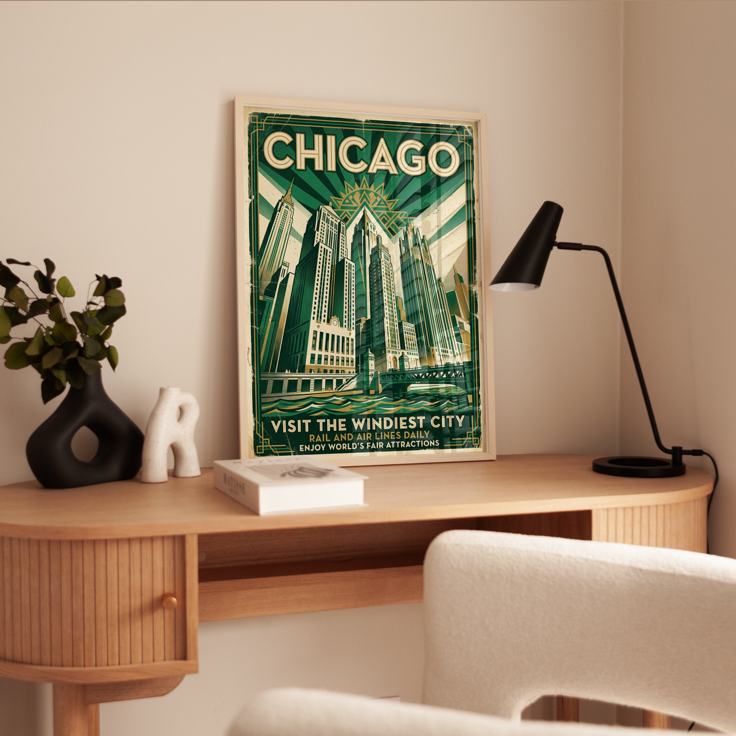 Chicago Art Deco Travel Poster — Vintage Skyline - interior