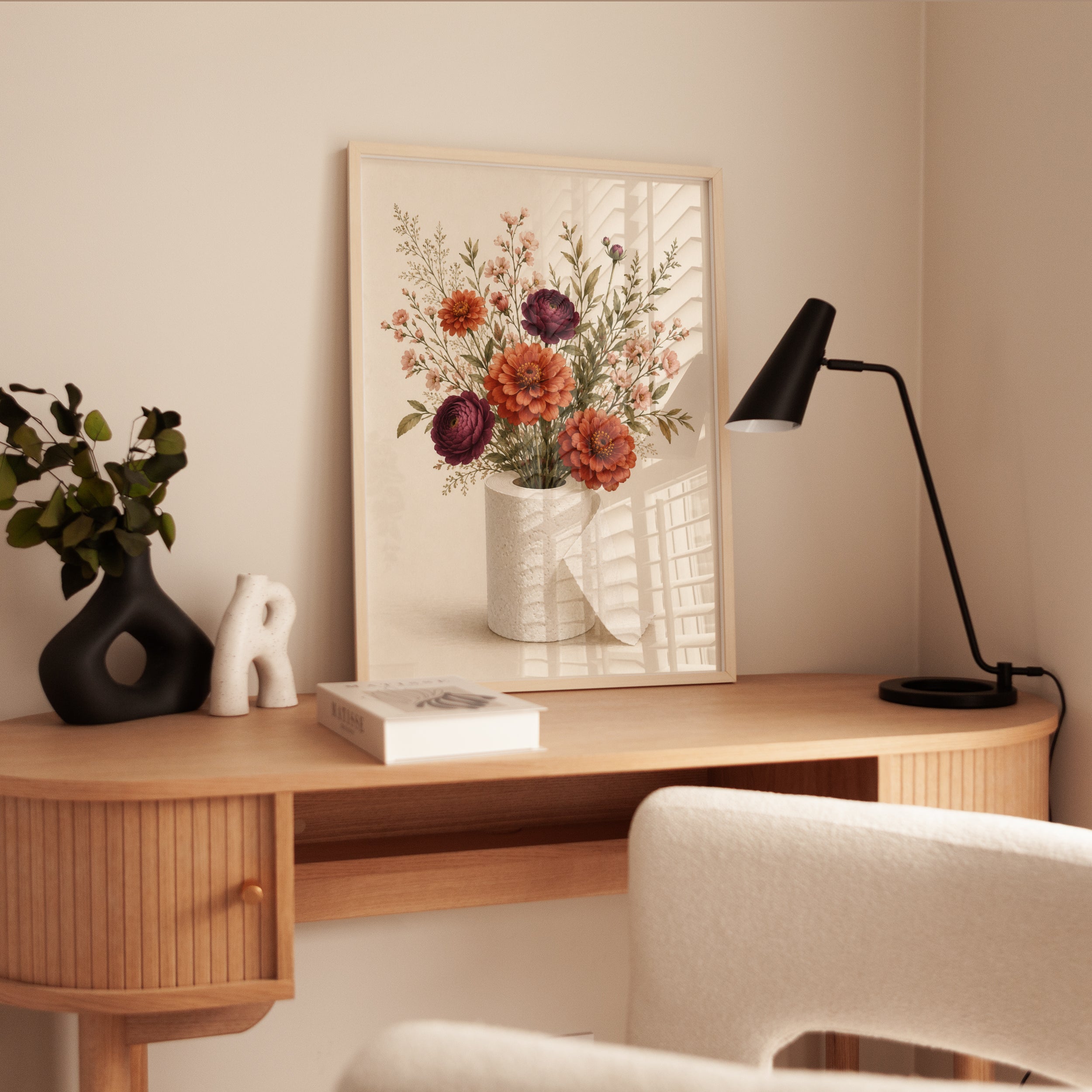 Autumn Floral Arrangement Print: Orange and Burgundy Botanicals - interior