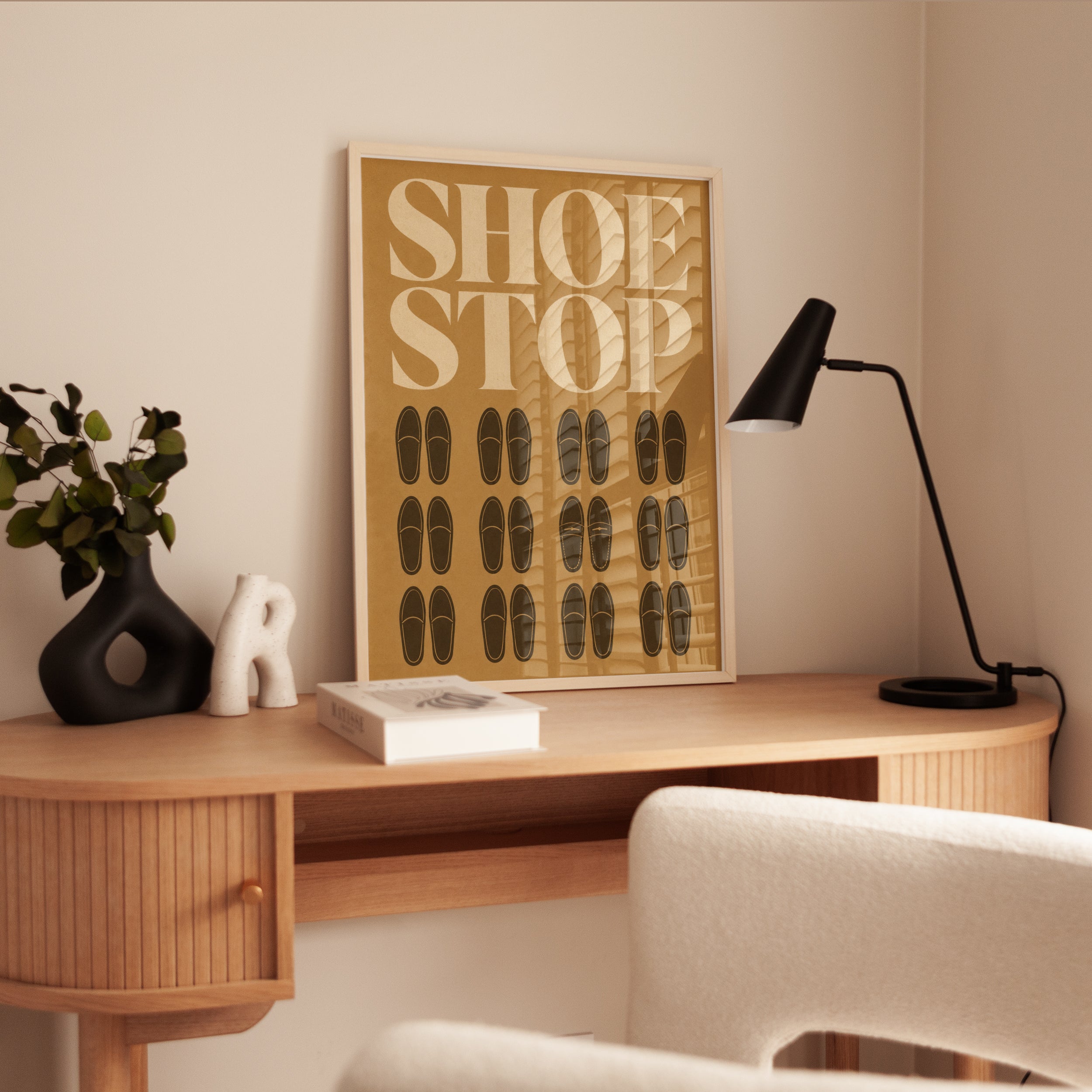 Retro Loafer Wall Art: Vintage Shoe Print in Mustard Tones - interior