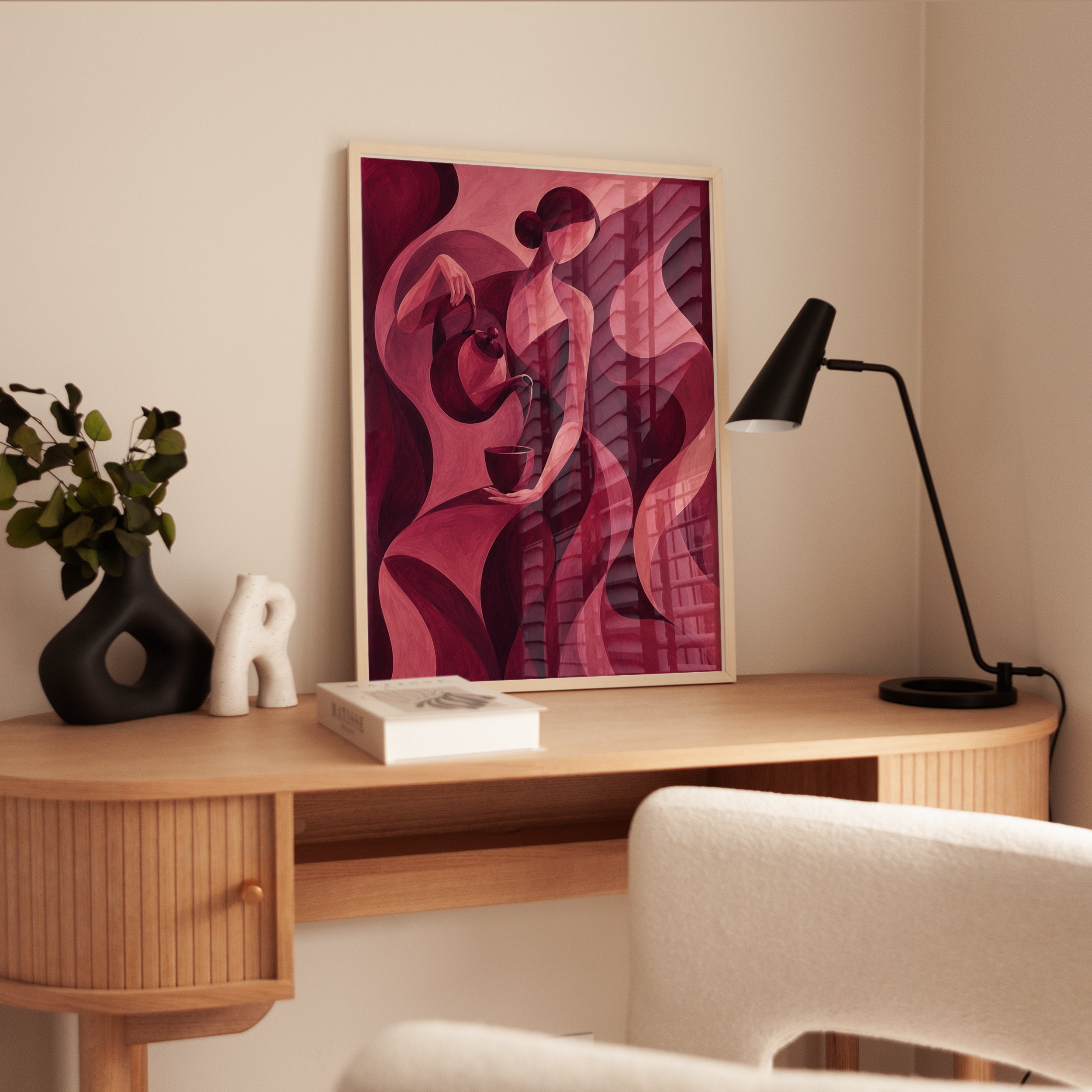 Cubist Coffee Ritual Art Print: Pink Geometric Figure Poster - interior