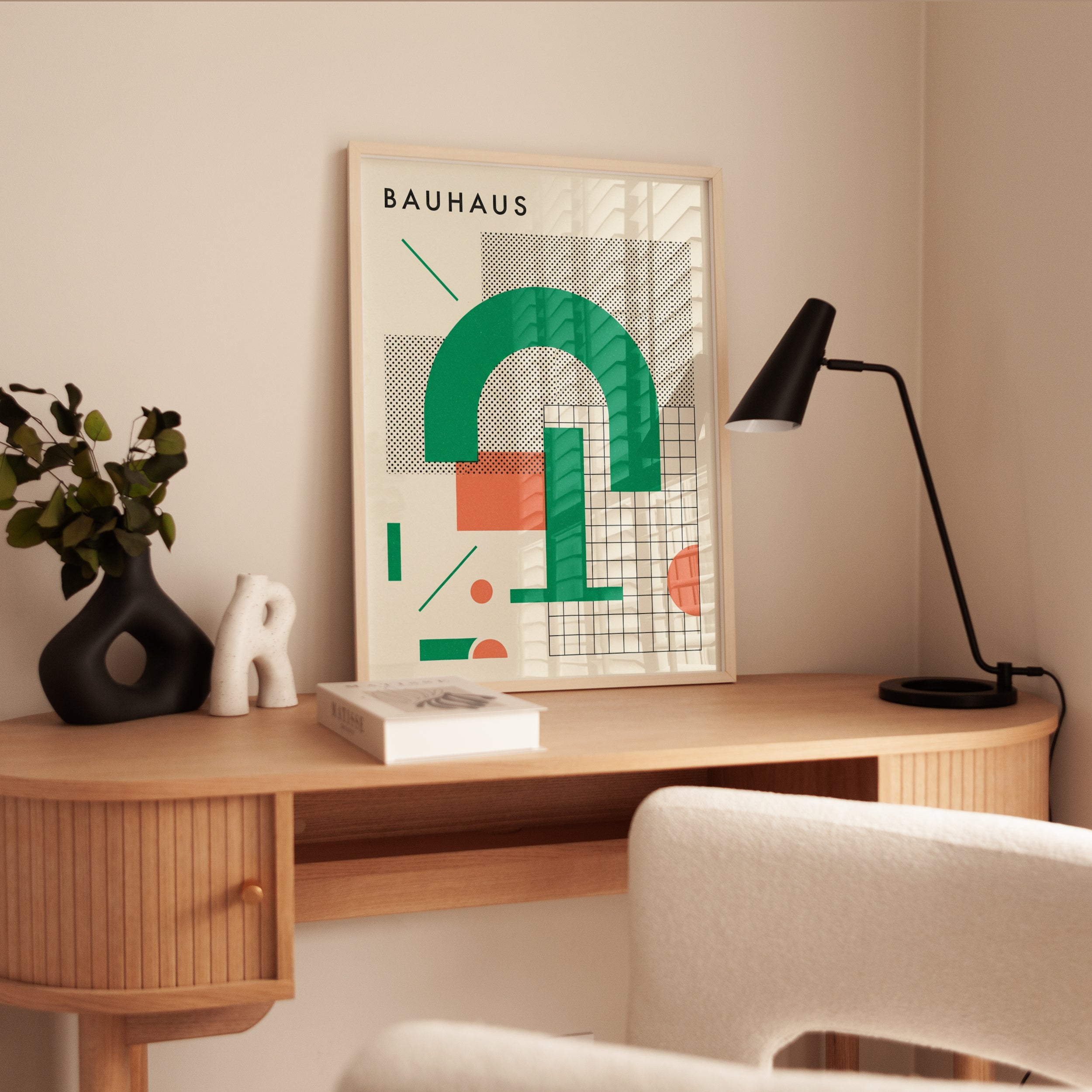 Bauhaus Geometric Arch Print: Green and Coral Modernist Design - interior