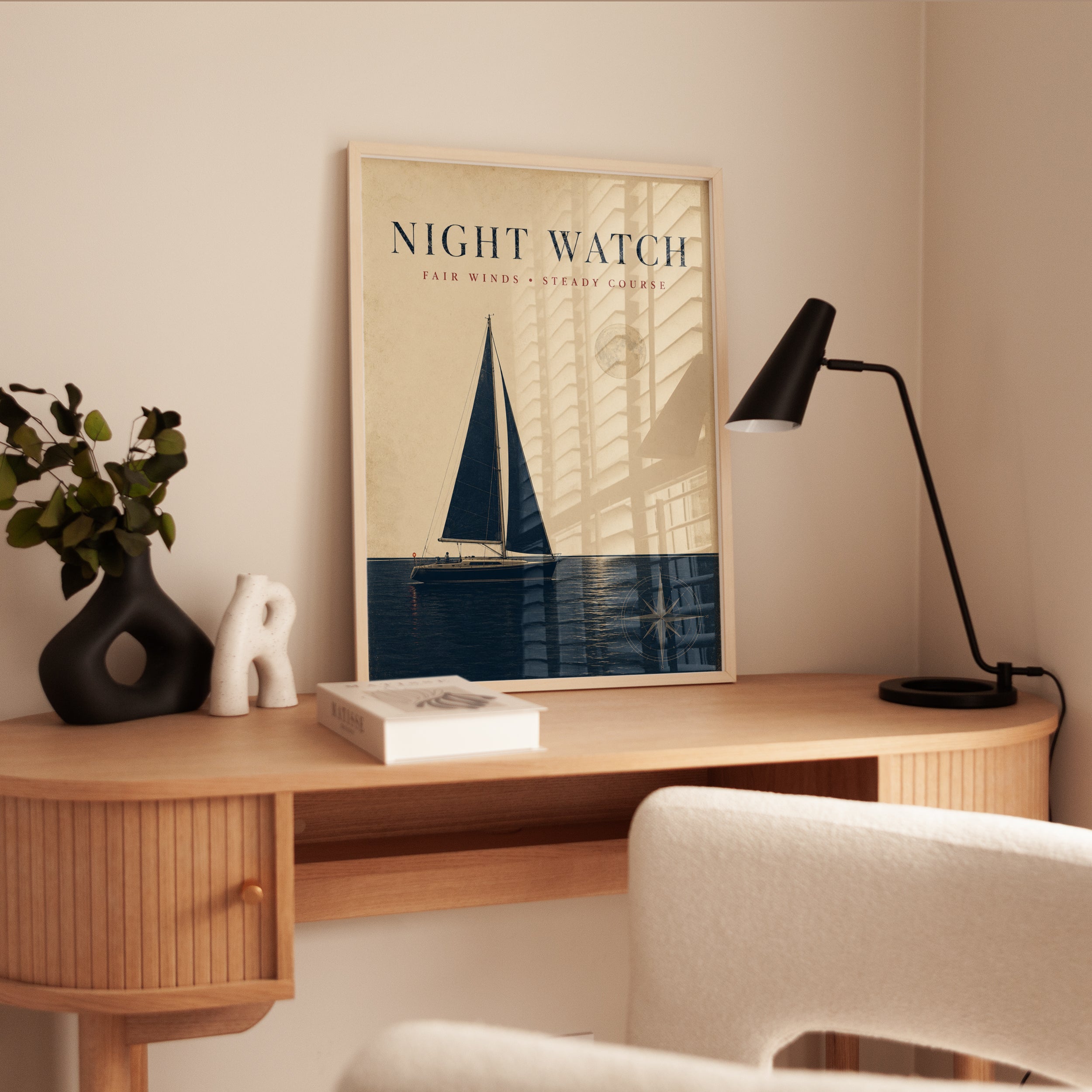 Night Watch Sailboat Art Print: Vintage Nautical Moon Poster - interior