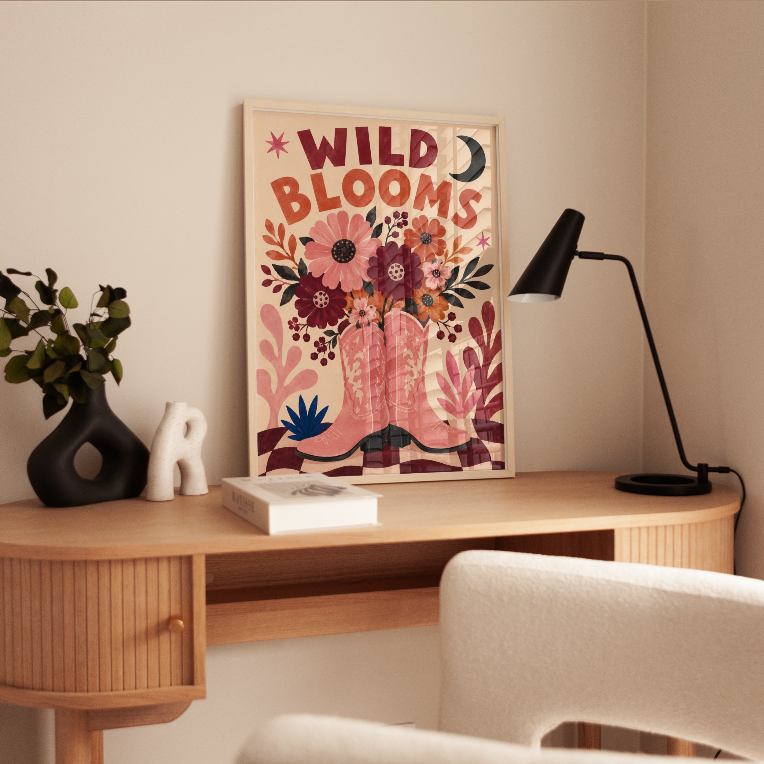Wild Blooms Cowboy Boots Print: Retro Western Floral Wall Art - interior