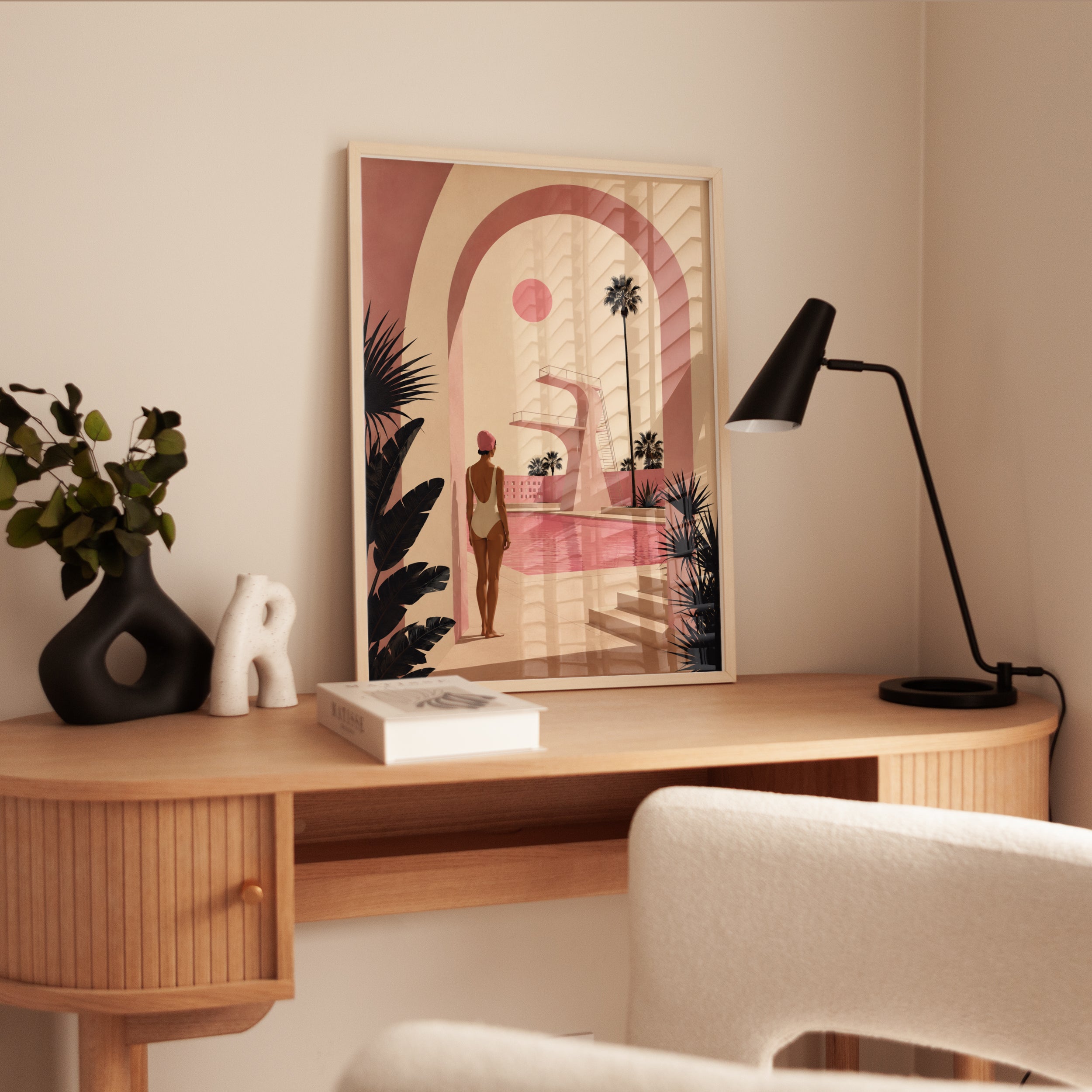 Pink Pool Paradise Art Print: Mid-Century Modern Architecture - interior