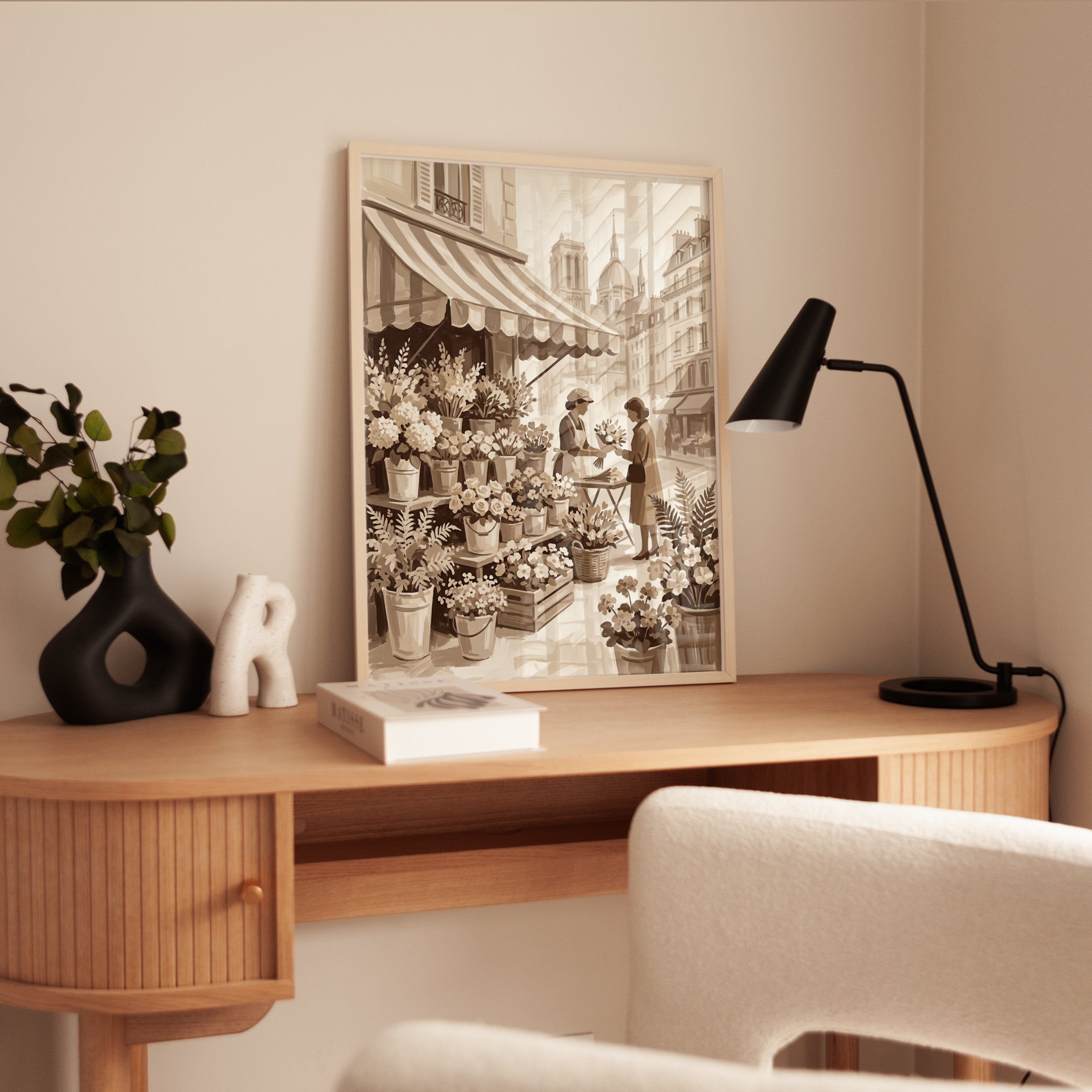 Vintage Paris Flower Market Print — Sepia Parisian Street Scene - interior